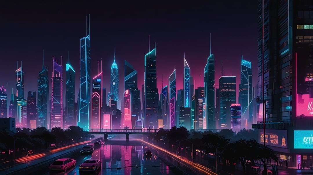 Skyscrapers in shades of neon blue and pink reflect on wet pavement beside a highway with long exposure lights.