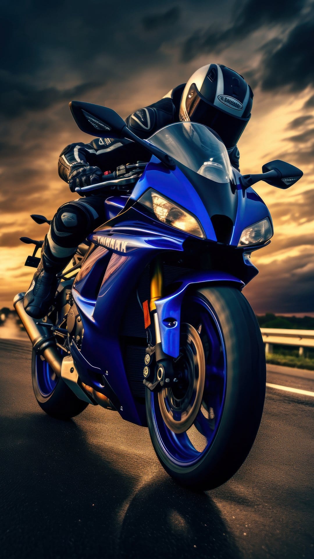 Blue sportbike rider leans into a turn on a wet road under a dramatic orange and grey stormy sunset sky.