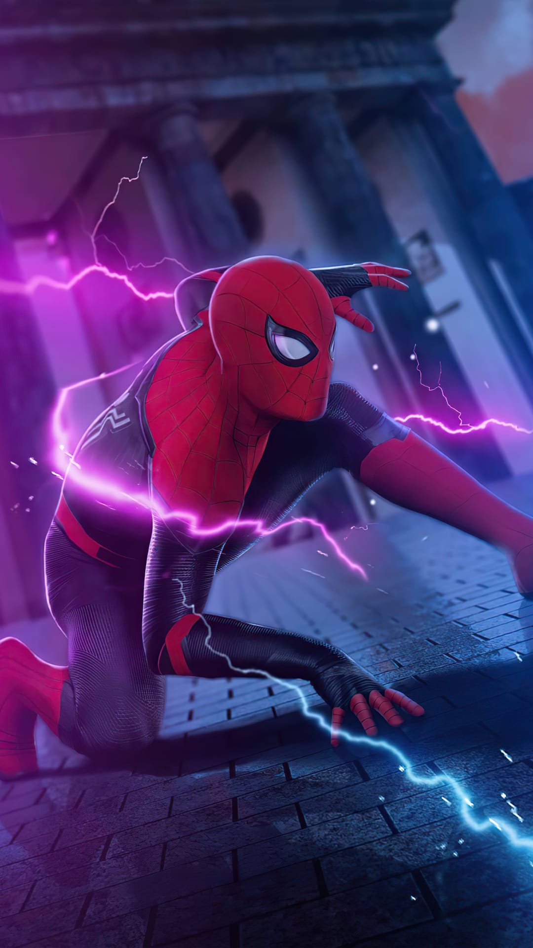 Spider-man in a red and black suit crouches as vibrant blue and purple lightning bolts crackle around his hands.