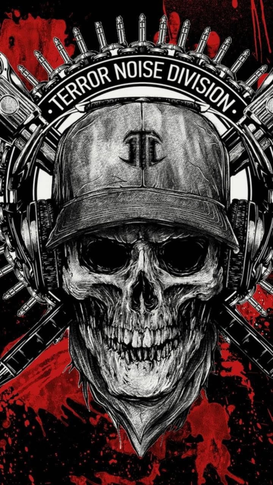 Skull wearing a baseball cap and large headphones surrounded by red splatters and industrial typography.