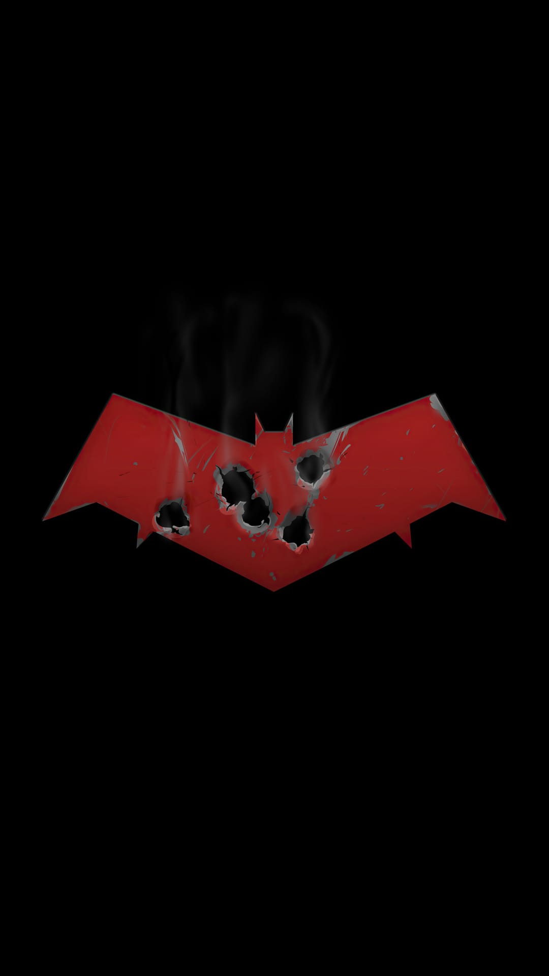 Red bat symbol features bullet holes and grey smoke wisps against a dark, textured vertical black background.