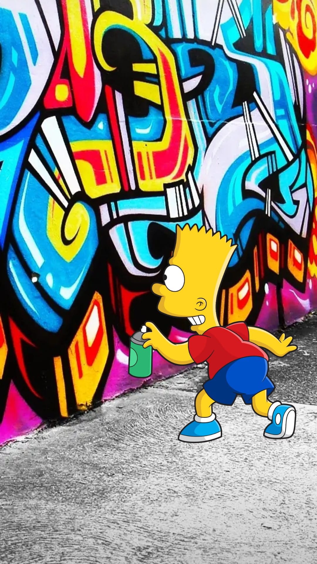 Bart Simpson spray paints a colorful graffiti mural on a concrete wall above a grayscale pavement floor.