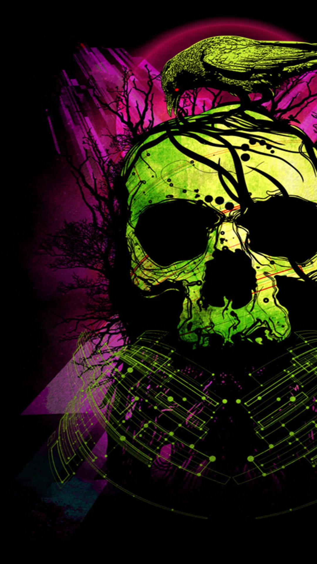 Neon green skull with a black crow perched on top, surrounded by purple light trails and thorny branches.