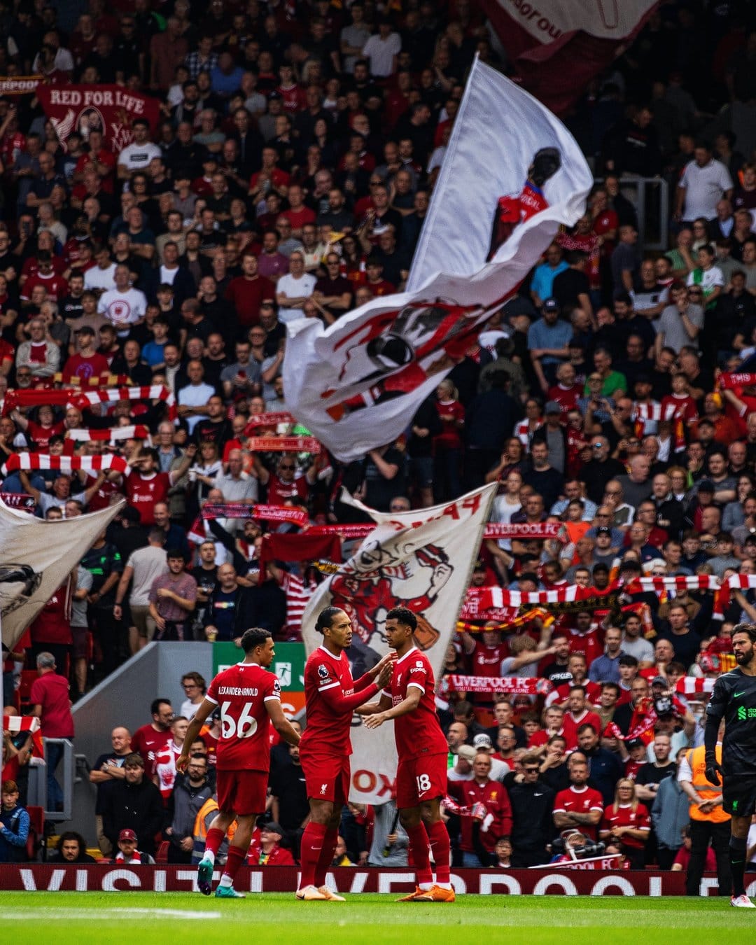 Liverpool football players in red kits cheer before a crowded stadium filled with large waving banners and flags.