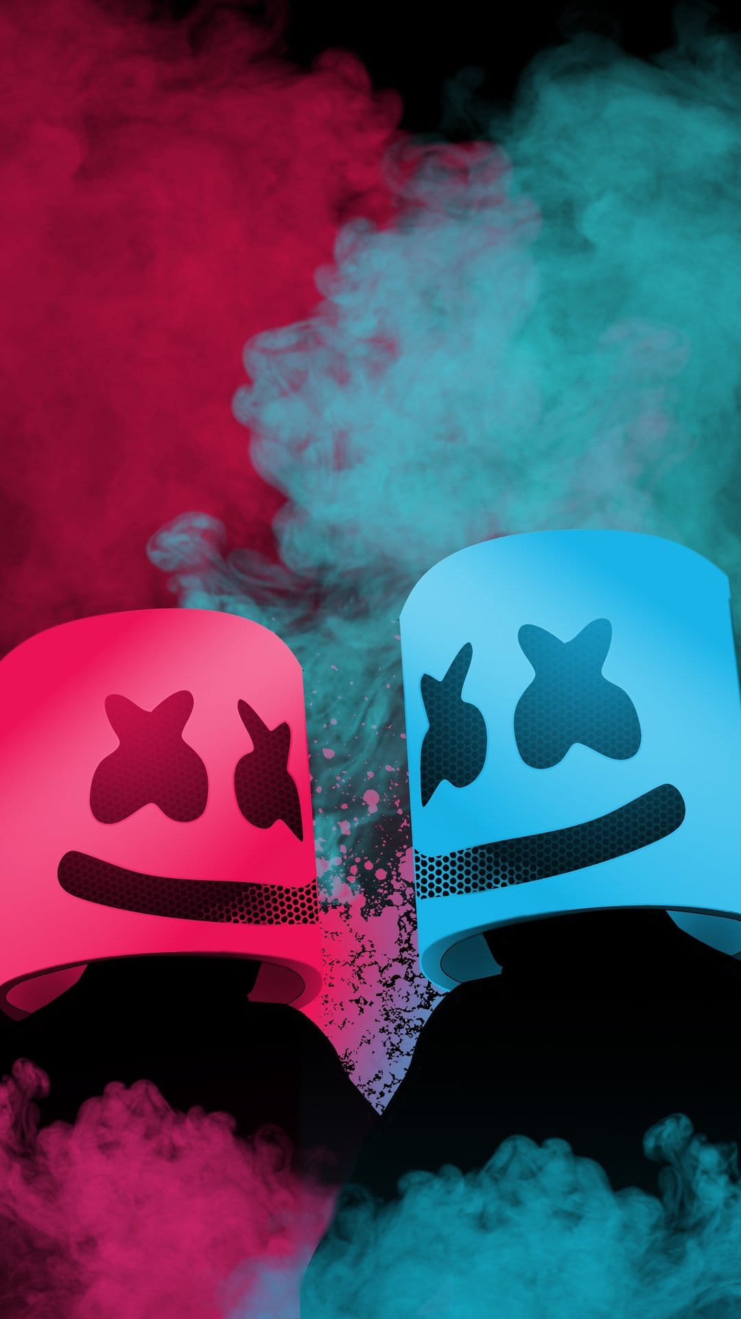 Marshmello helmets in pink and blue lighting surrounded by thick clouds of colorful smoke on a dark background.