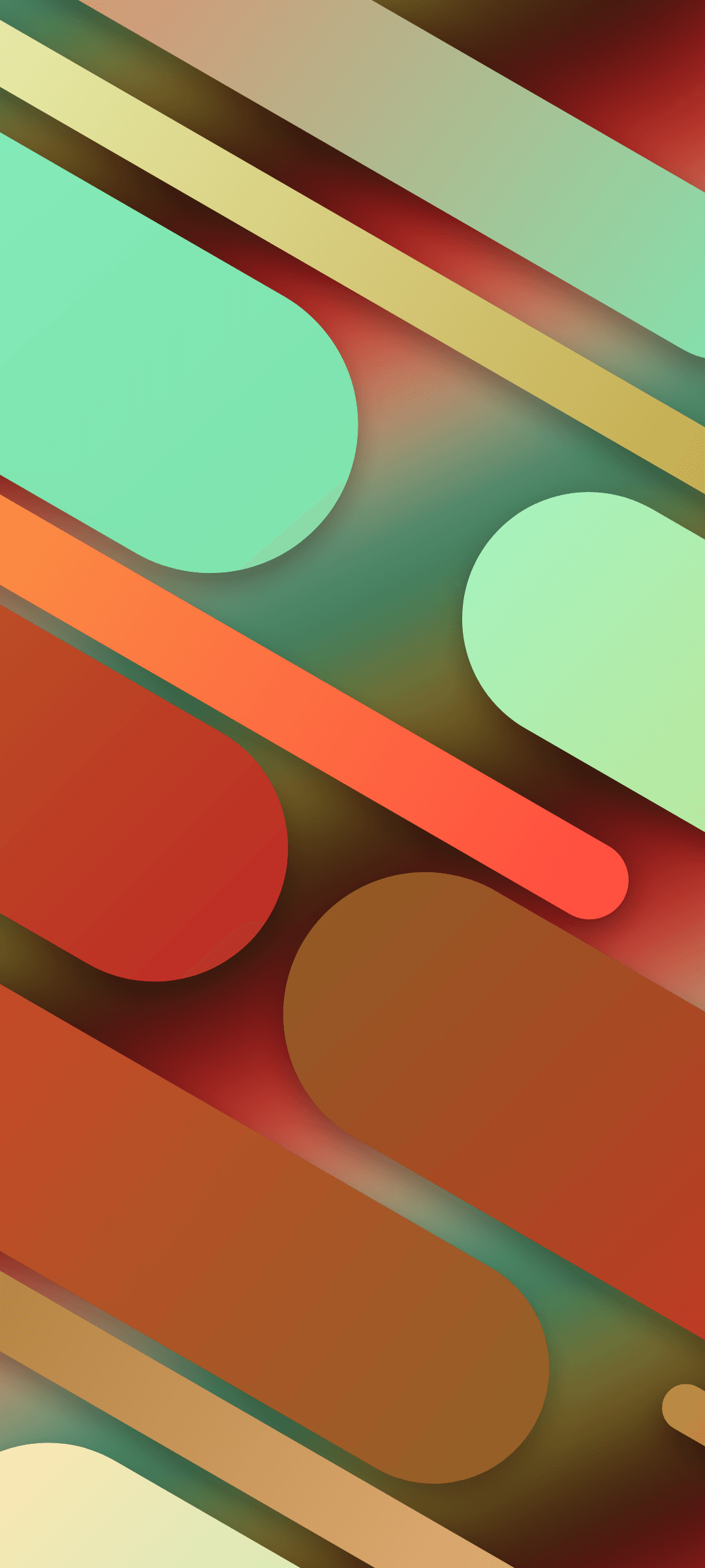 Overlapping rounded rectangular shapes featuring a gradient of mint green, yellow, orange, and deep red.