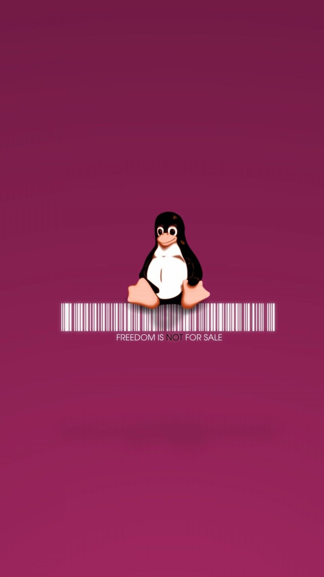 Tux the Linux penguin mascot sits atop a black barcode over a vibrant magenta field with white typography.