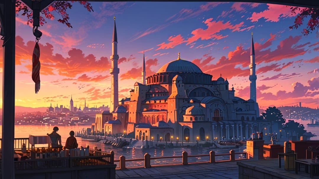 Hagia Sophia stands tall under pink clouds with a silhouetted waterfront cafe and two people in the foreground.