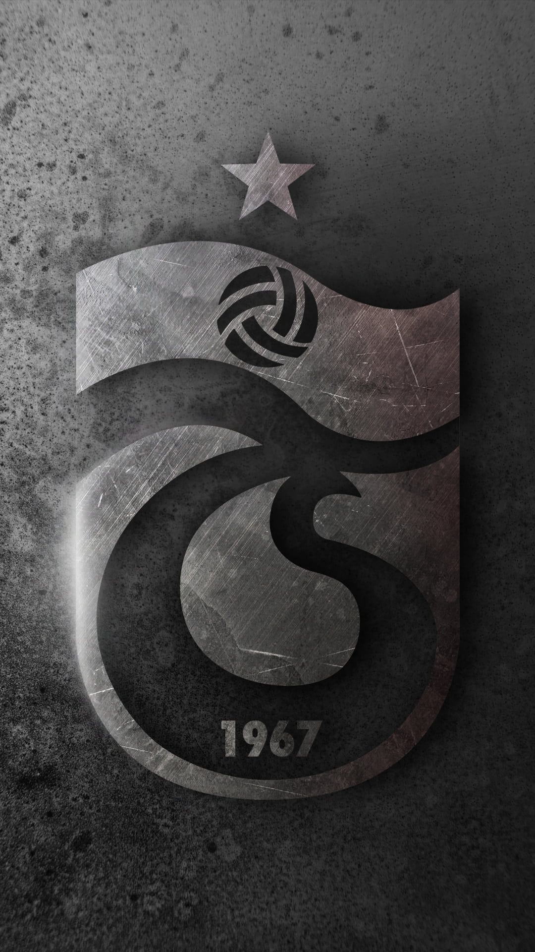 Trabzonspor logo with metallic texture and a star centered on a dark weathered background for mobile displays.