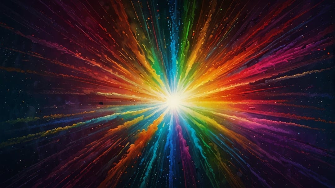 Radiant white light burst with colorful prism streaks and swirling nebula clouds against a dark starry void.