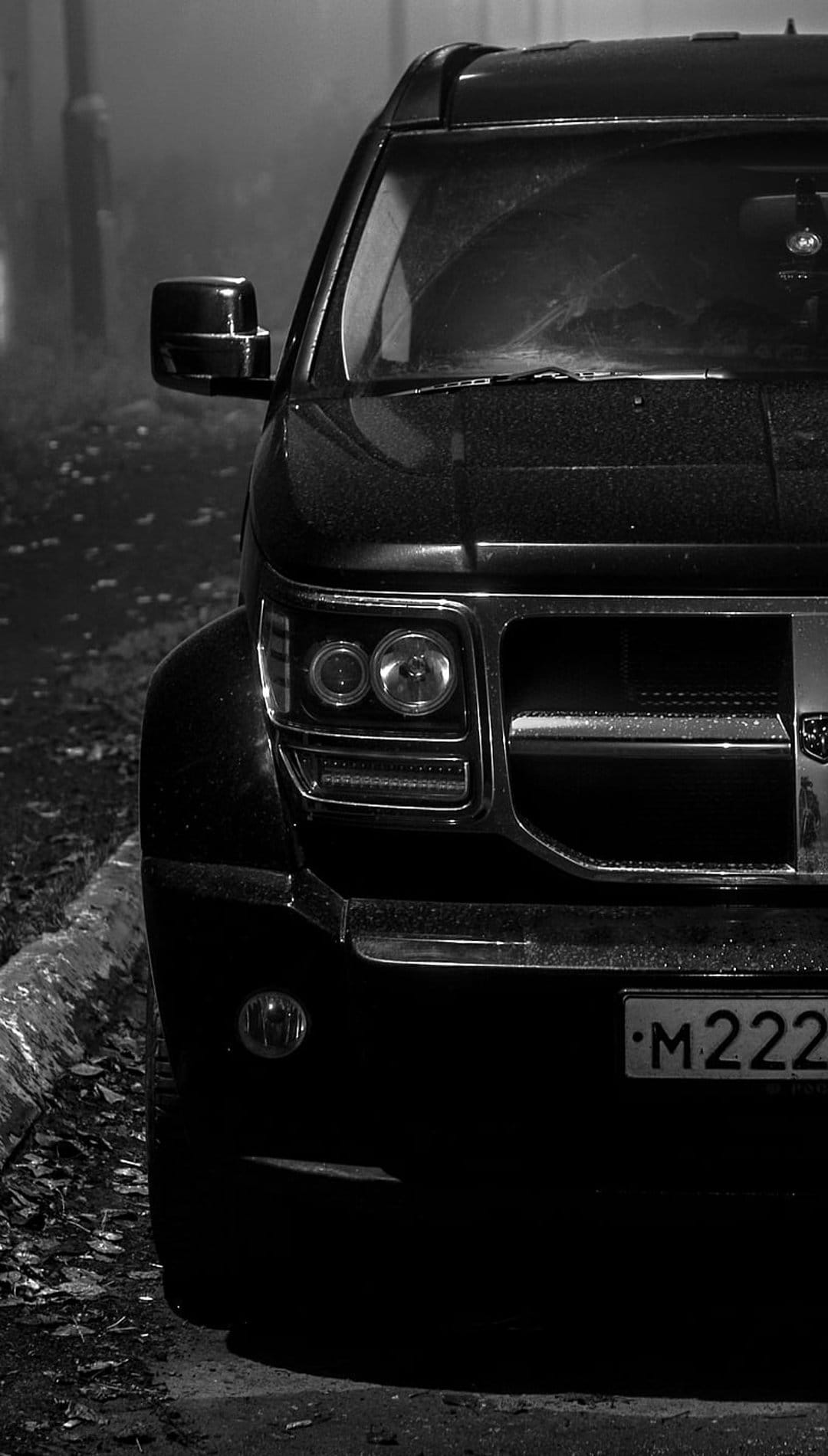 Dodge Nitro SUV front grille and headlights on a wet street with fallen leaves in a monochrome night scene.