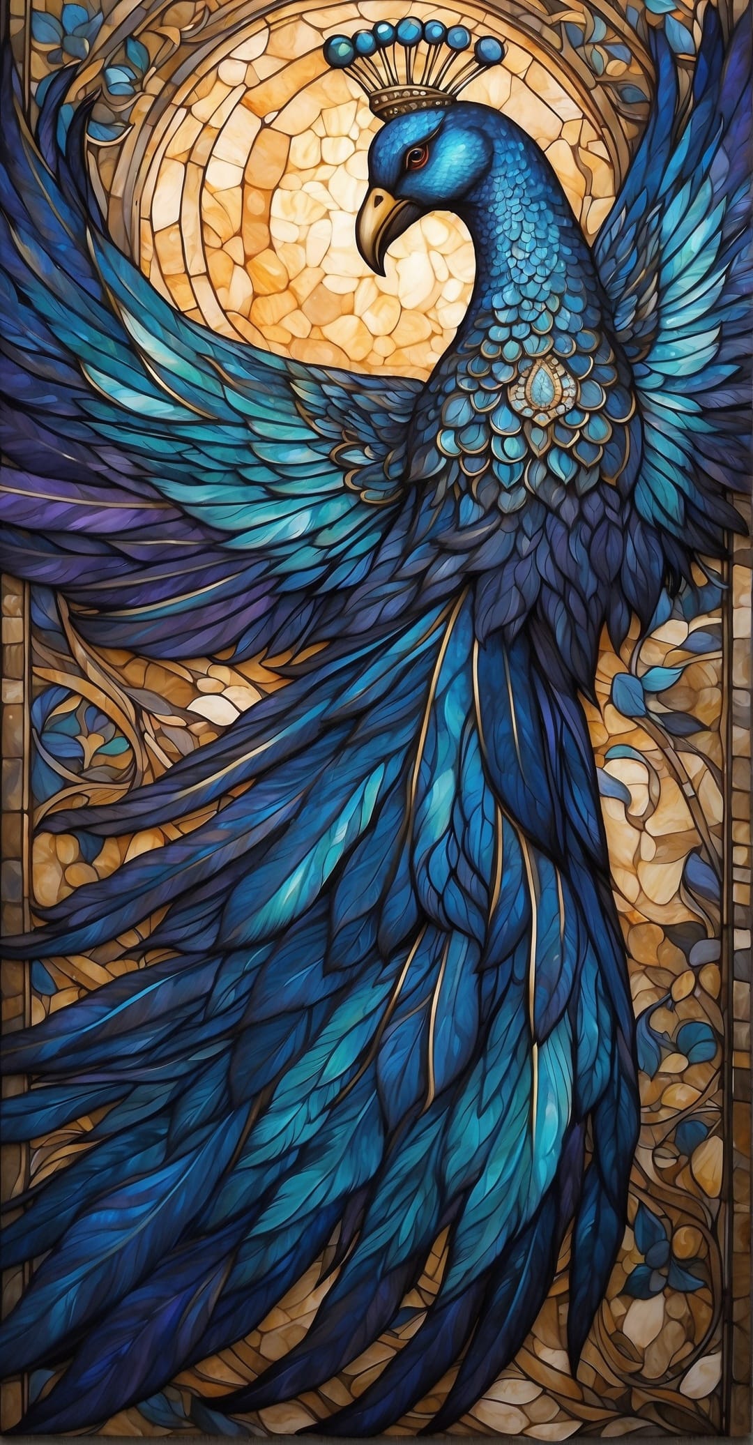 Majestic blue peacock with teal plumage poses against a radiant golden mosaic background with leaded glass lines.