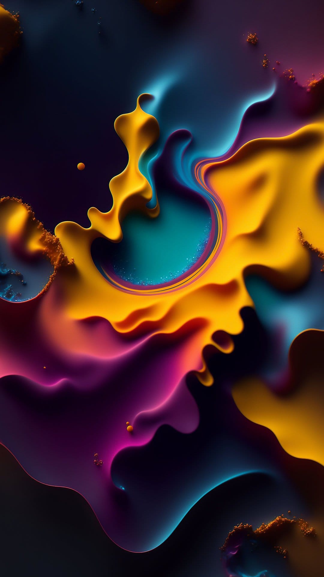 Swirling purple and yellow fluid waves with gold speckled textures create a dynamic, energetic composition.