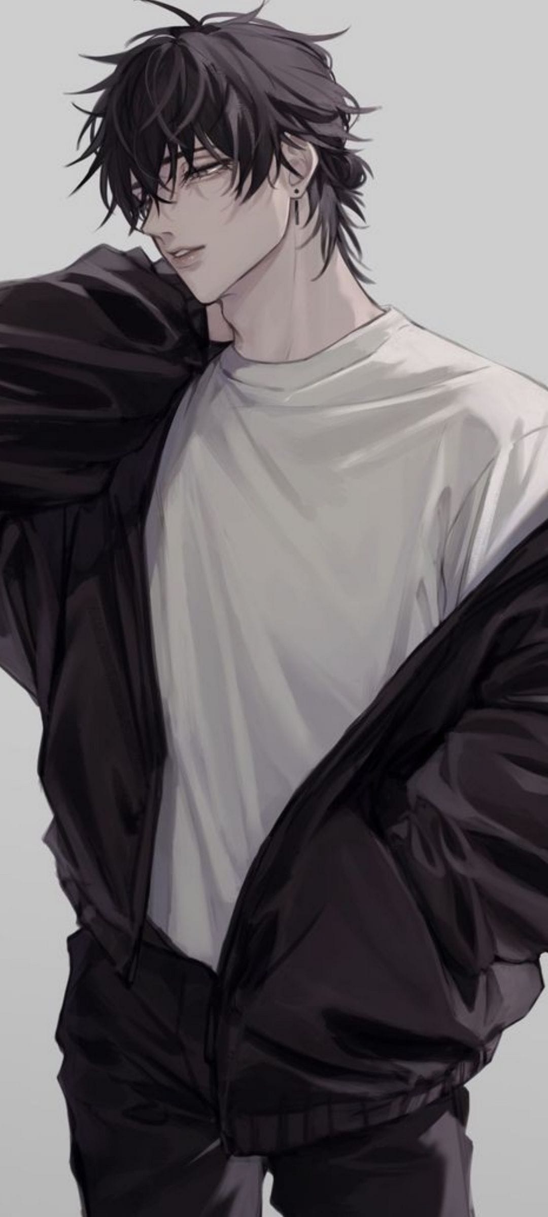 Anime male with spiky dark hair and a black jacket looking down with a subtle smirk against a plain background.