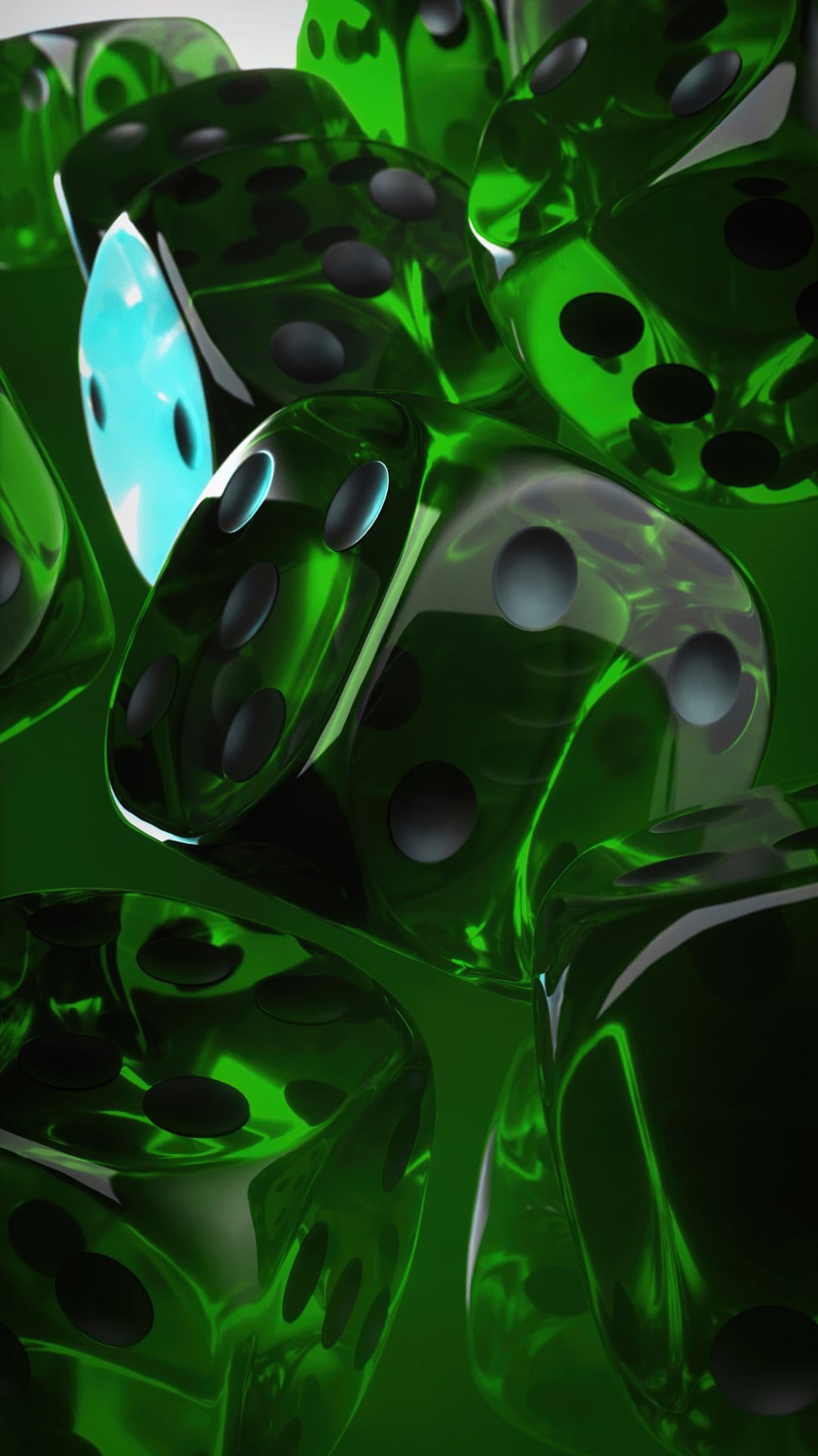 Emerald green translucent dice and one blue die reflect light in a sharp, dynamic vertical 3D composition.