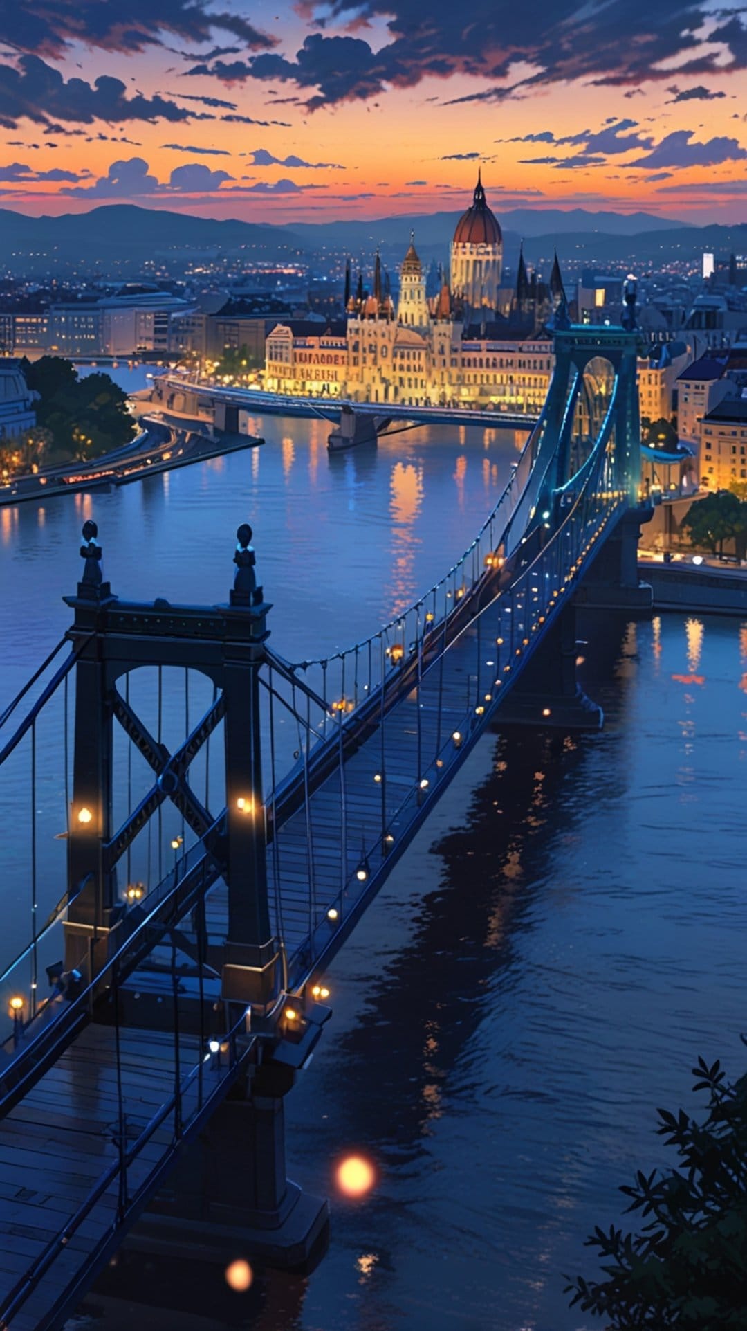 Szechenyi Chain Bridge glows with golden lights at dusk over the Danube River with the Parliament in the distance.