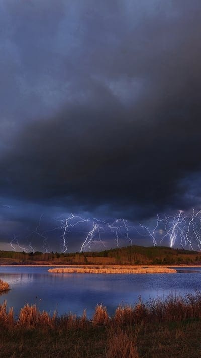 Lightning, storm, night, reflections, nature, dramatic, lake, peaceful, intense, sky, thunder, powerful, weather, serene, electricity, outdoor, landscape, tranquil, beautiful, luminous