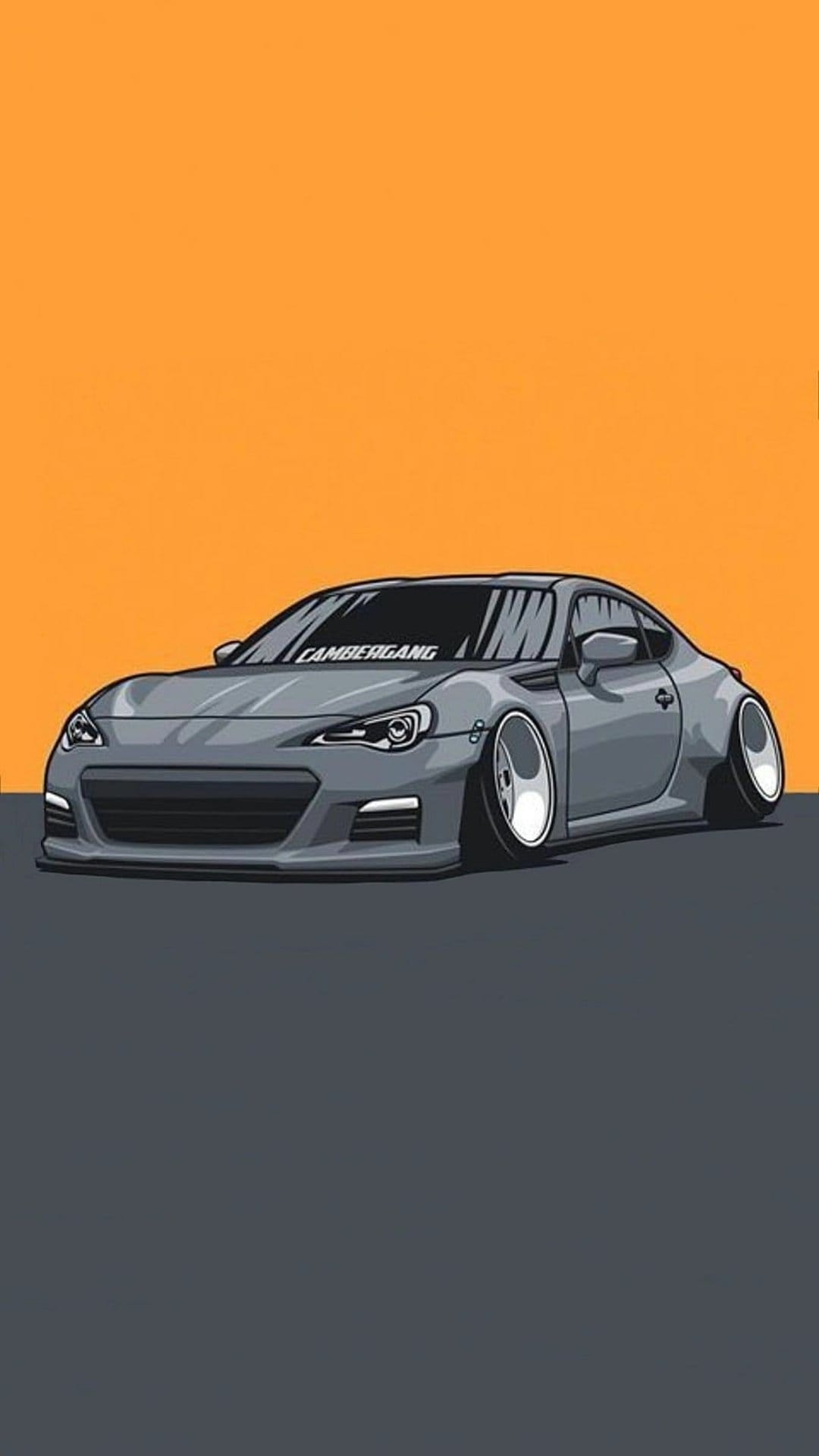 Grey sports car with extreme camber and a windshield banner parked against a solid orange background.