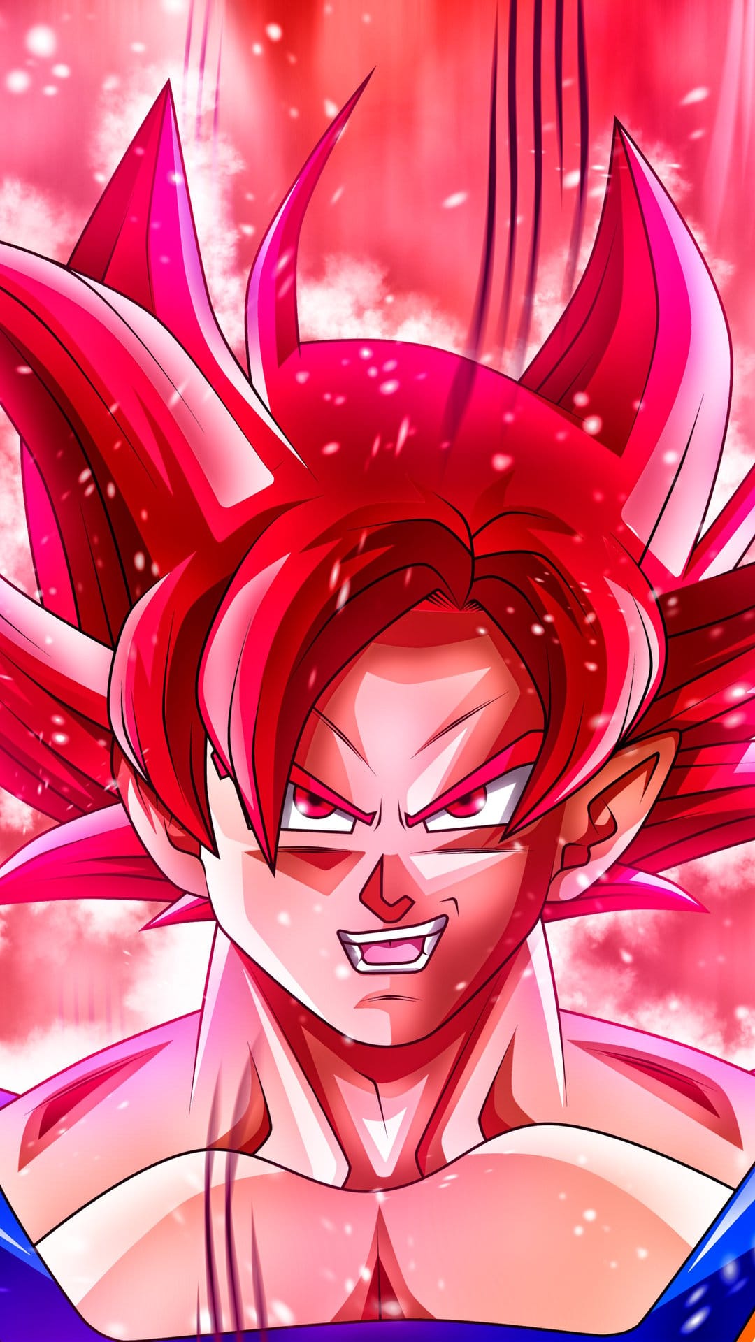 Goku with crimson hair and glowing red eyes stands focused amidst a flickering aura of intense scarlet energy.