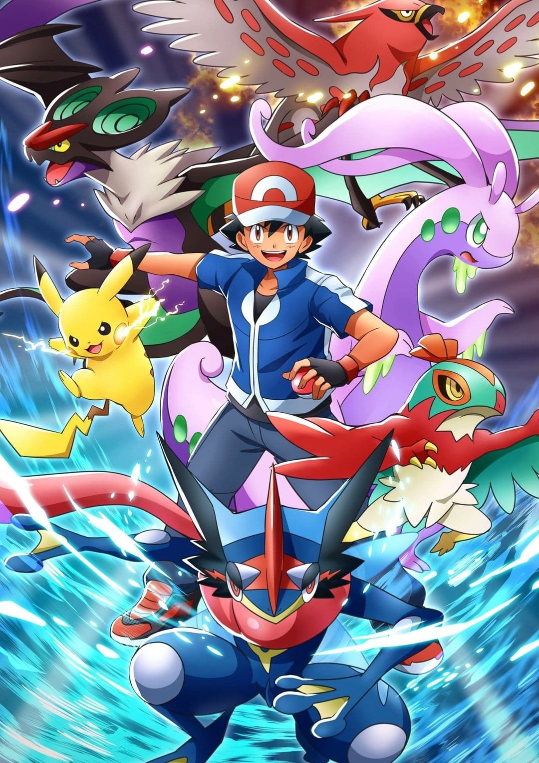 Ash Ketchum with Greninja, Pikachu, and Kalos Pokémon in a dynamic action scene with water and light effects.