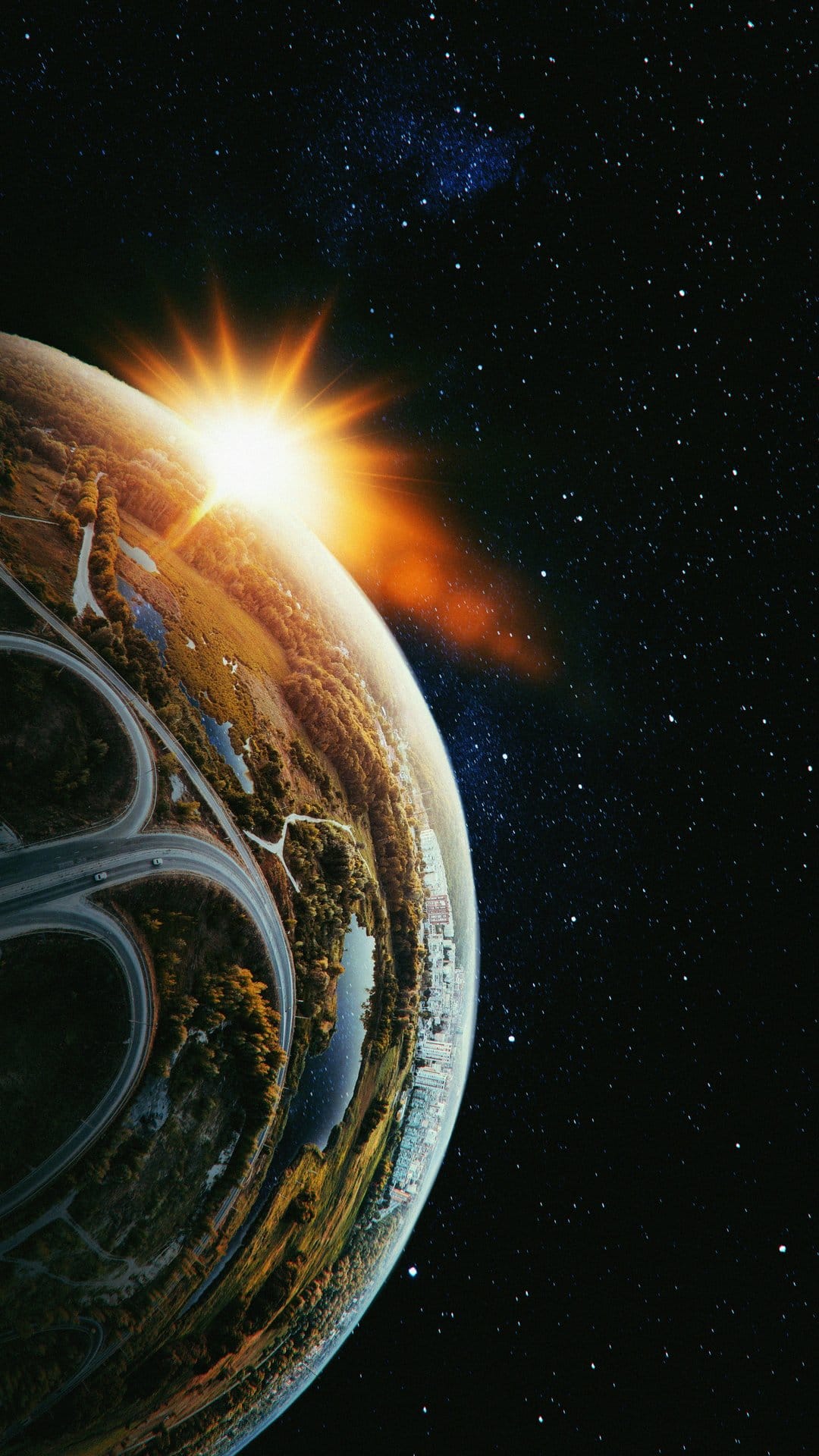 Planet Earth featuring glowing highway grids and lush forests under a radiant sunburst rising on the horizon.