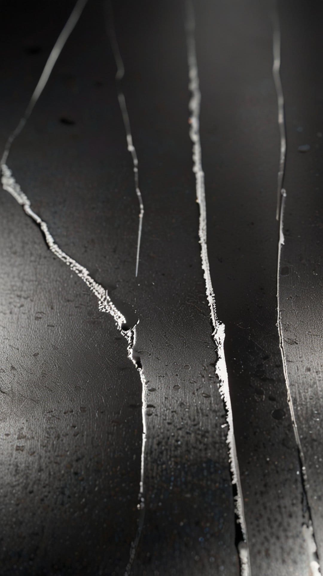 Luminous jagged cracks web across a dark matte textured surface with sharp, high-contrast reflective highlights.