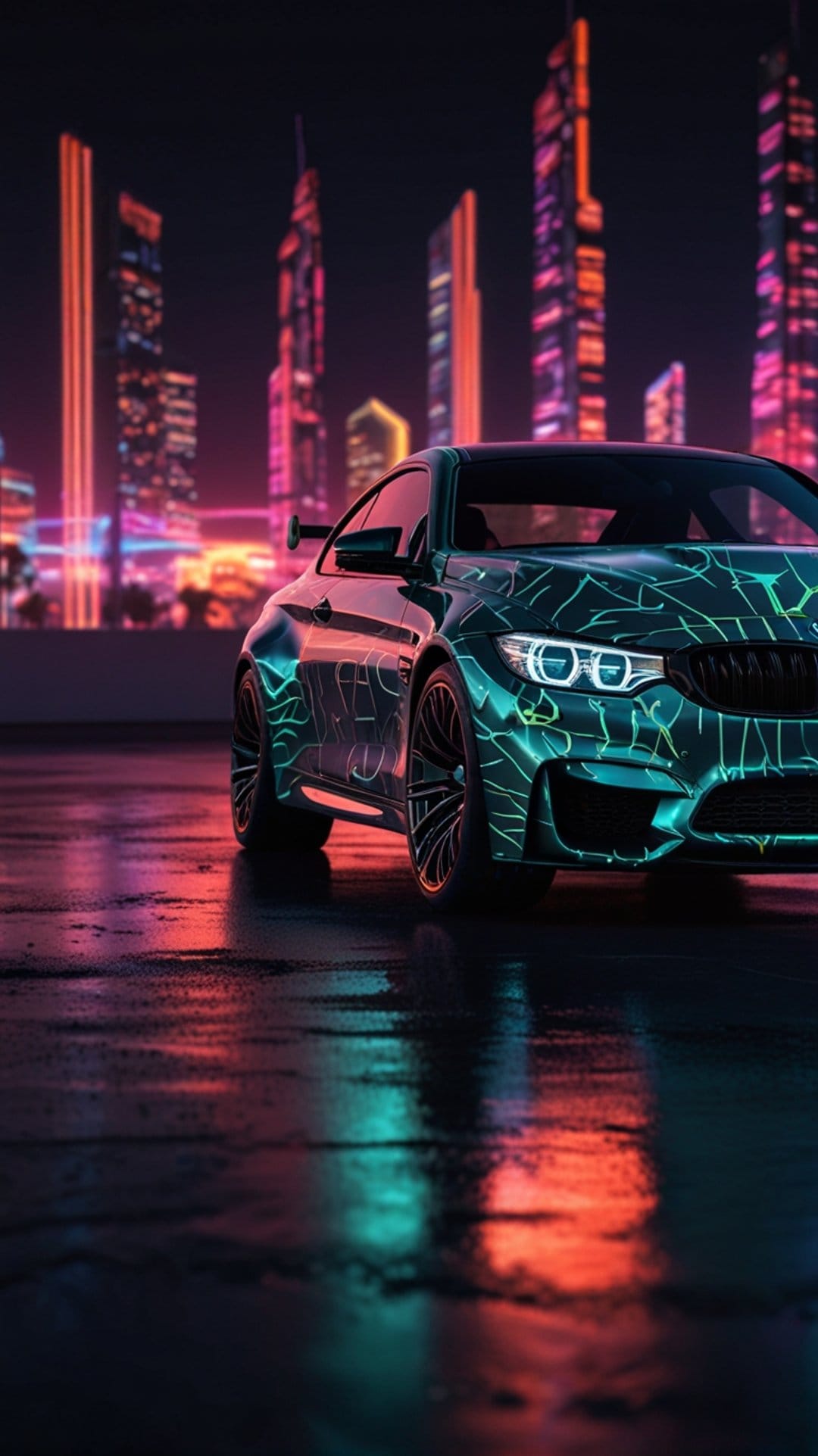 BMW M4 with glowing neon circuitry parked on wet asphalt before a vibrant futuristic city skyline at night.