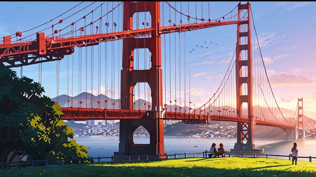 Three silhouetted figures sit on a hill overlooking the Golden Gate Bridge during a vibrant orange sunset.