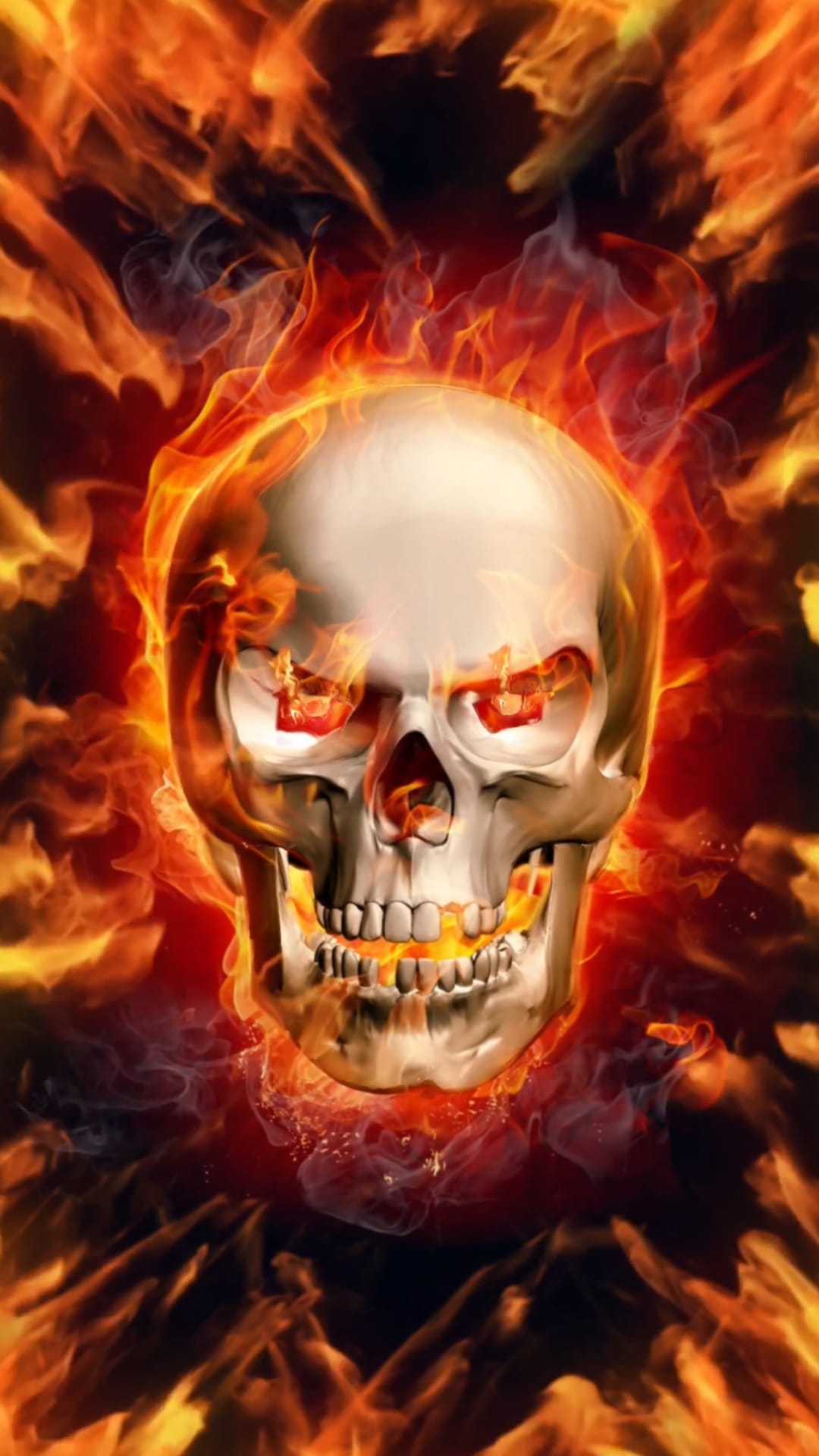 Human skull engulfed in orange flames with glowing eyes and mouth amidst thick black smoke and drifting embers.