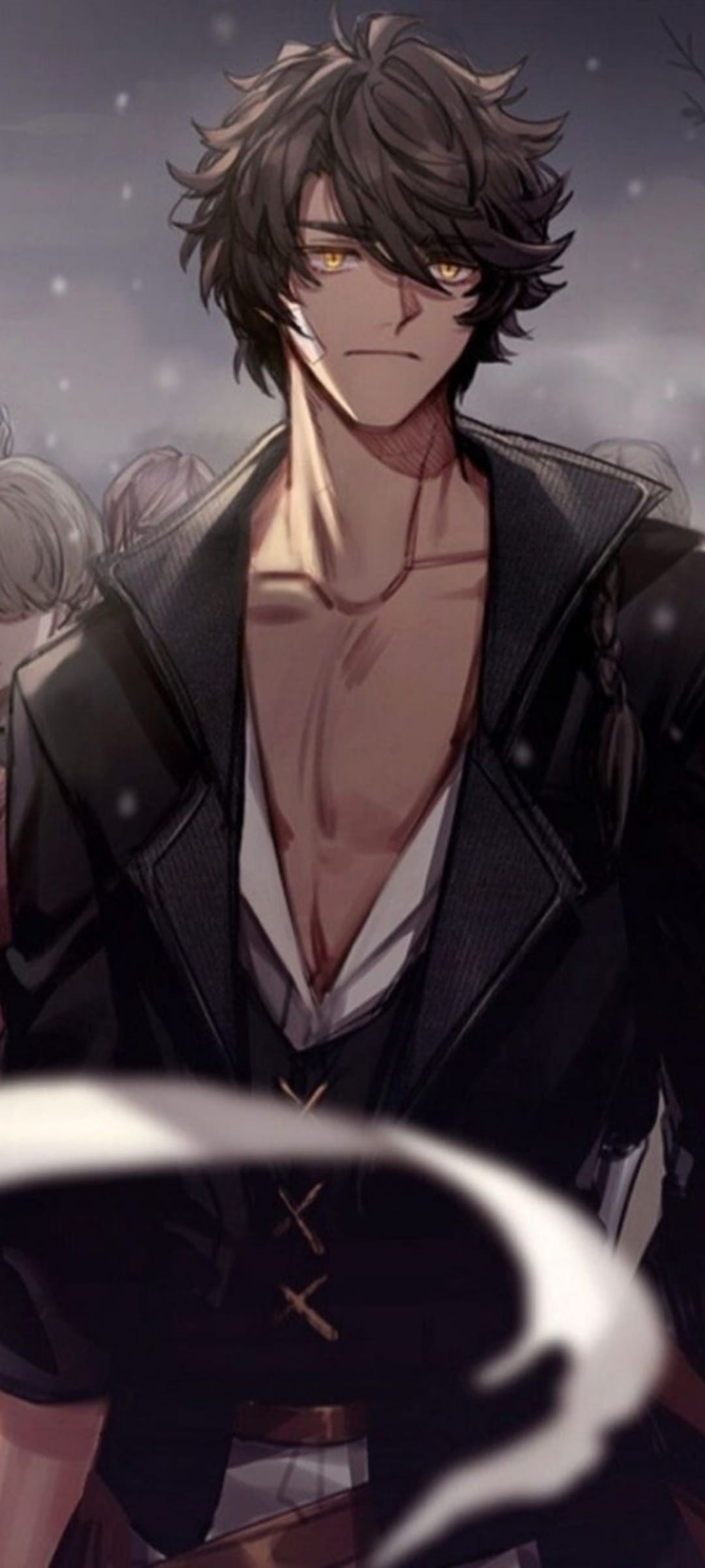 Dark-haired man with yellow eyes and open shirt stands in a blurred snowy landscape wearing a high-collar jacket.