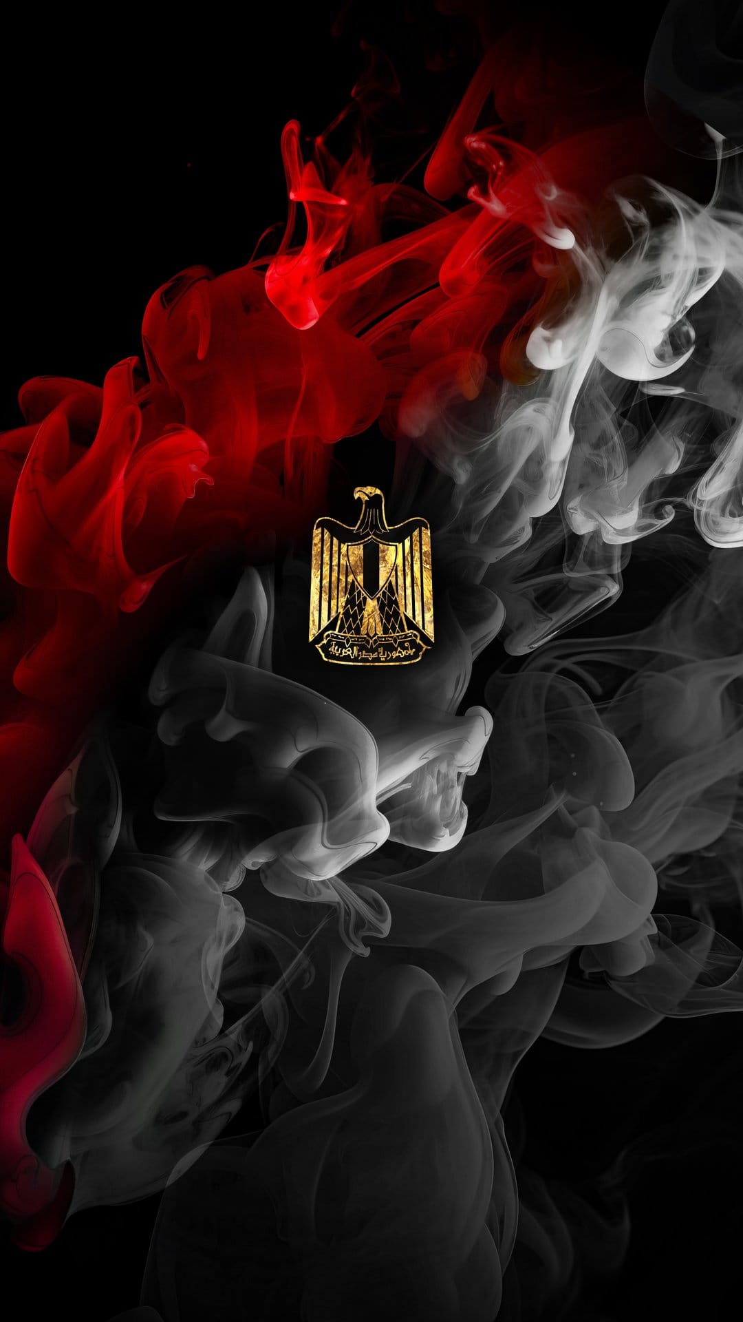 Golden Eagle of Saladin emblem centered between swirling red and white smoke clouds on a solid black background.