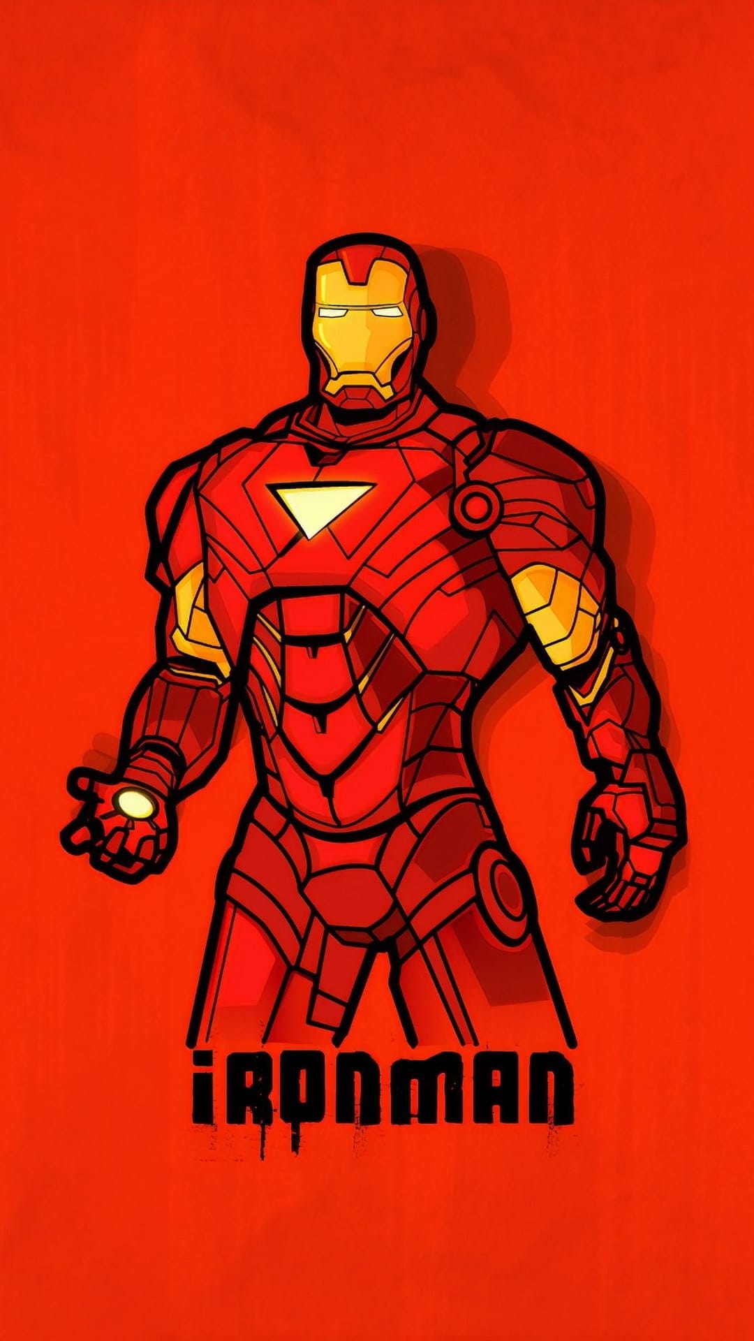 Iron Man with a glowing blue chest reactor holds his left hand open against a bright red backdrop with text.