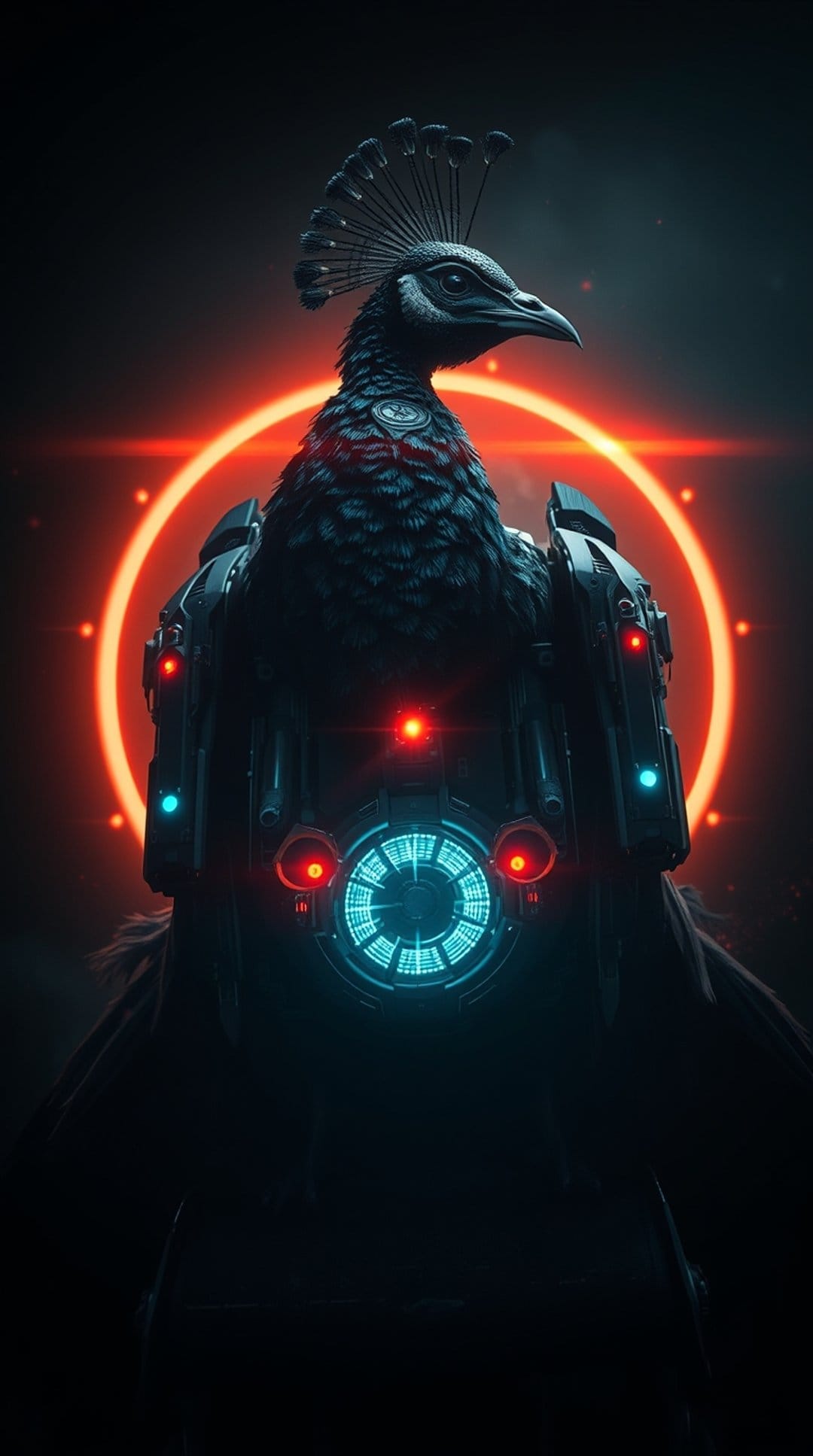 Robotic peacock with glowing blue circuitry stands centered inside a vibrant orange neon ring on a dark background.