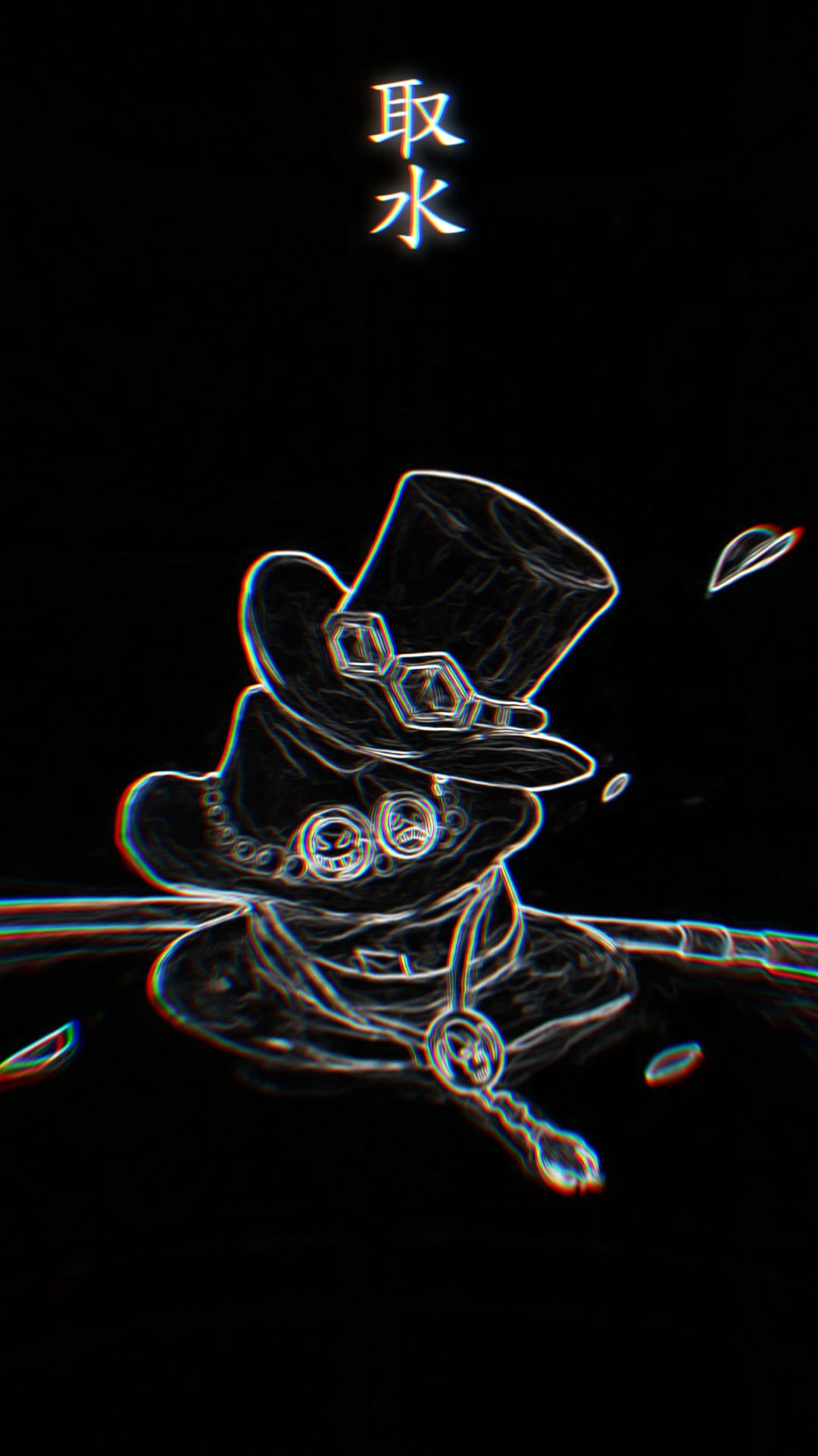 Sabo wearing a top hat and goggles in a glowing neon outline with glitch effects on a solid black background.