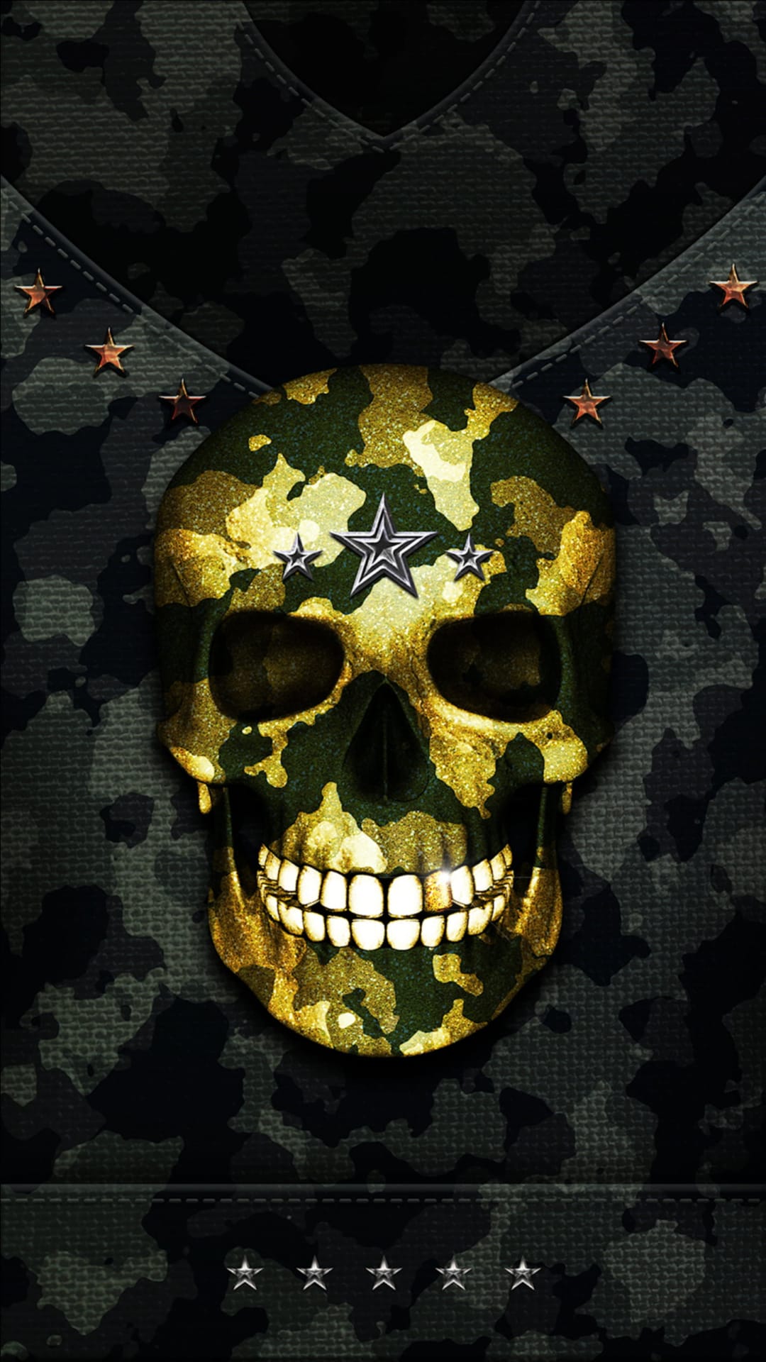 Human skull with gold and green camouflage patterns, silver forehead stars, and copper stars on a dark background.