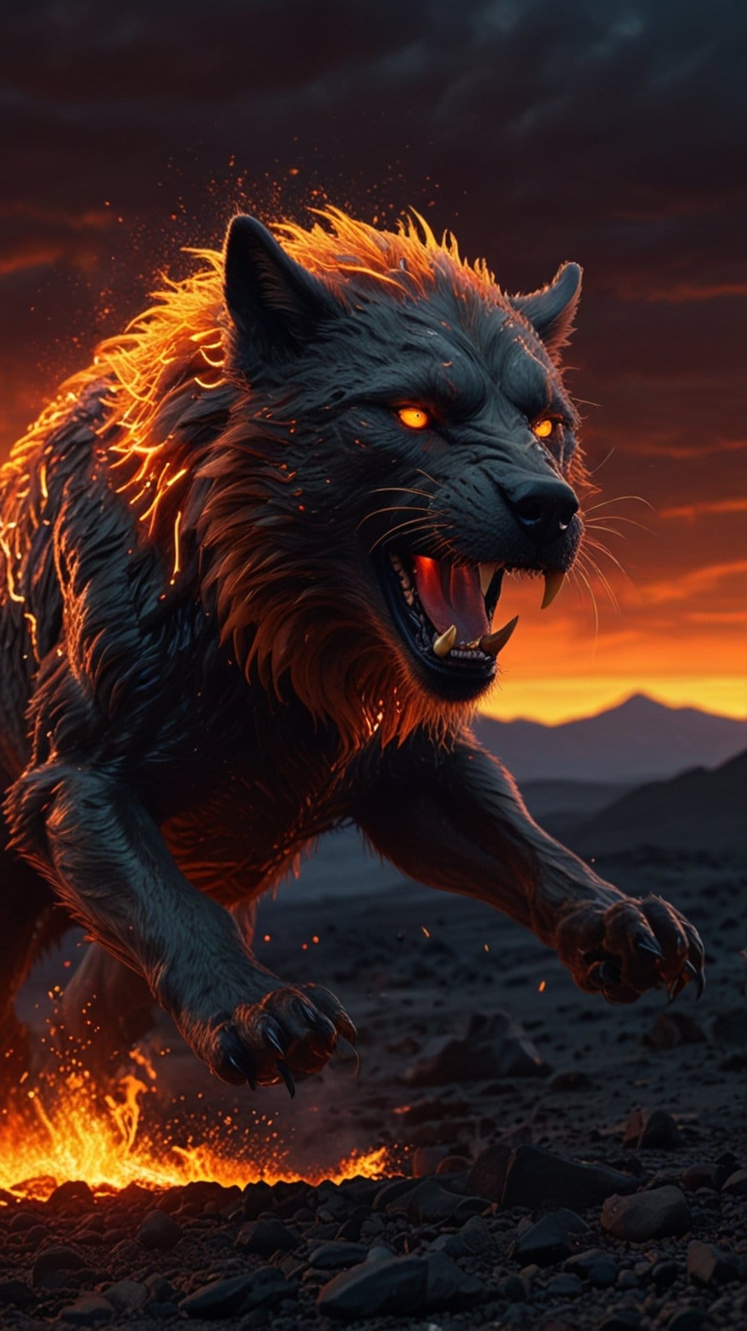 Black wolf with glowing orange eyes and flaming mane runs across volcanic rocks under a sunset mountain sky.