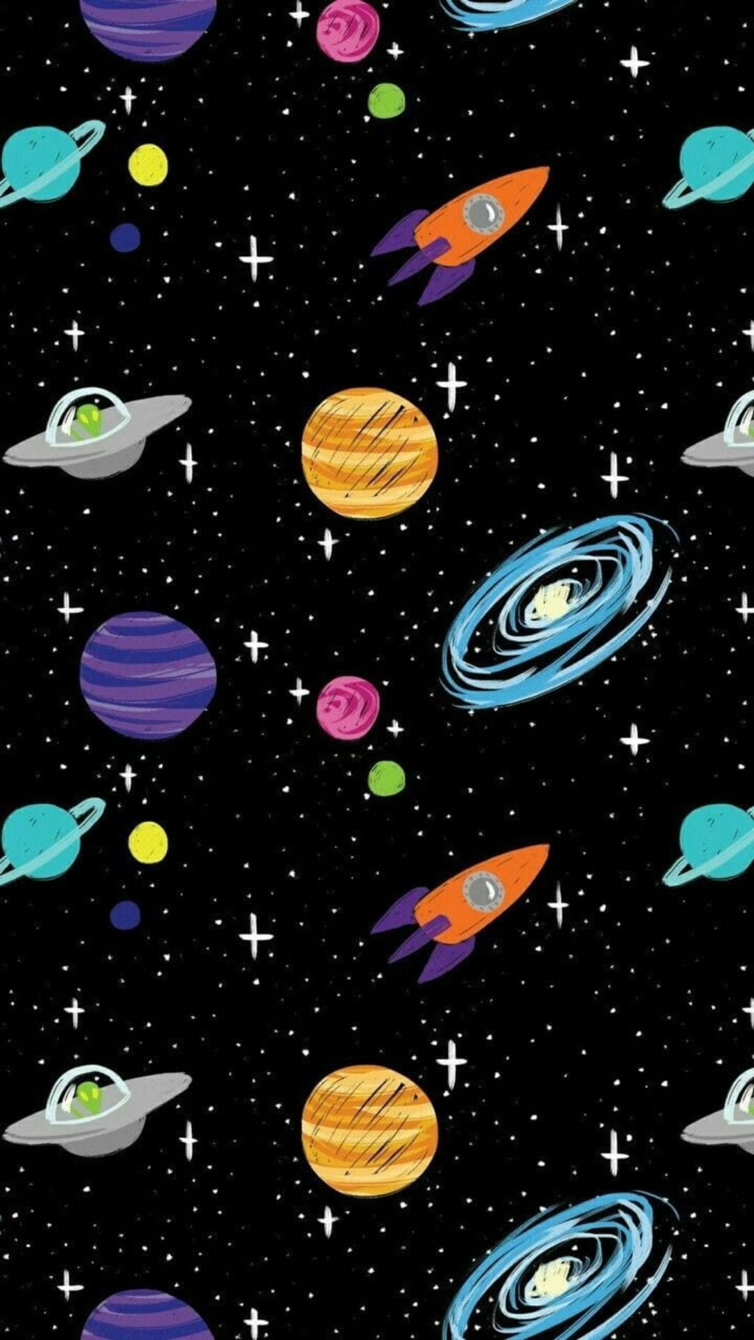 Colorful planets, retro rockets, and silver UFOs scattered across a black background filled with tiny white stars.