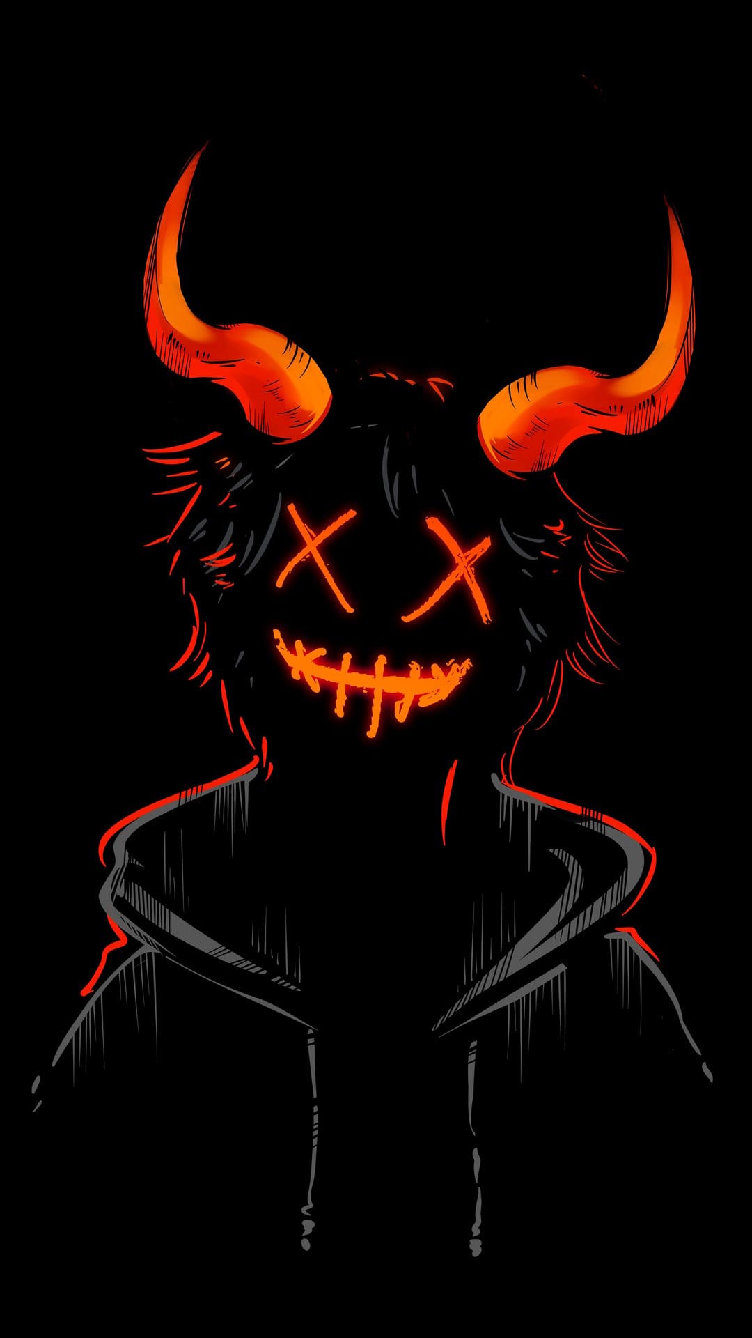 Demon mask with glowing red horns, cross-shaped eyes, and a stitched smile on a hooded figure in the dark.
