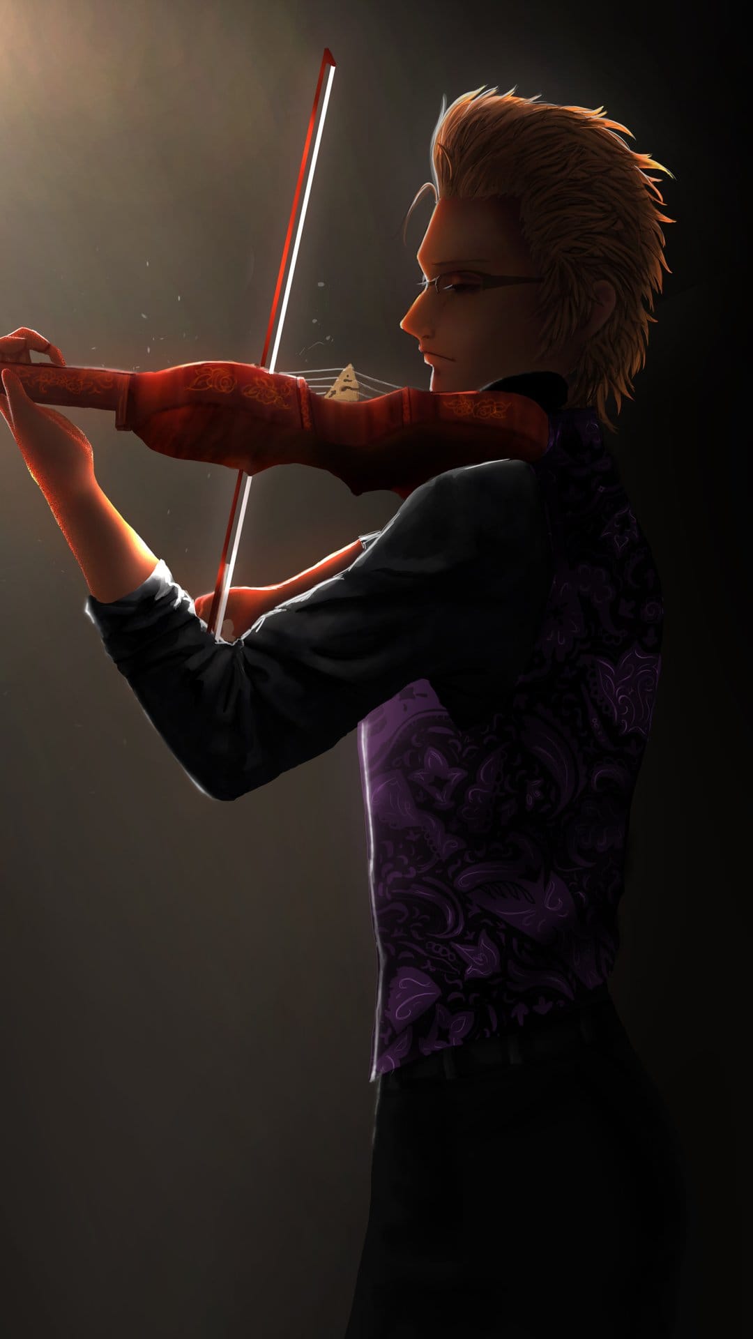 Man with spiky hair and glasses plays a red violin under a bright spotlight in a dark, atmospheric setting.