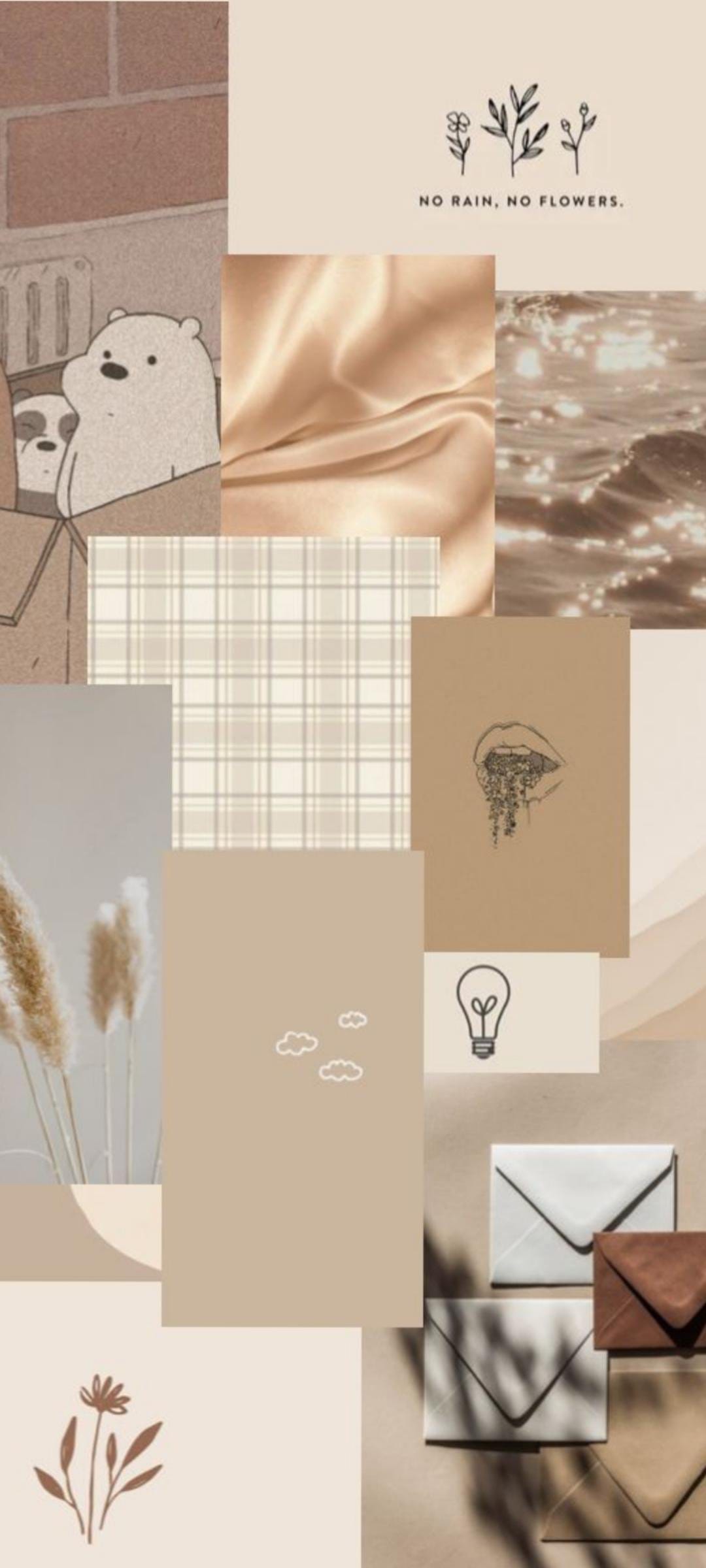 Reeds, ocean waves, and a small bear sketch arranged in an earthy-toned collage with plaid patterns and text.
