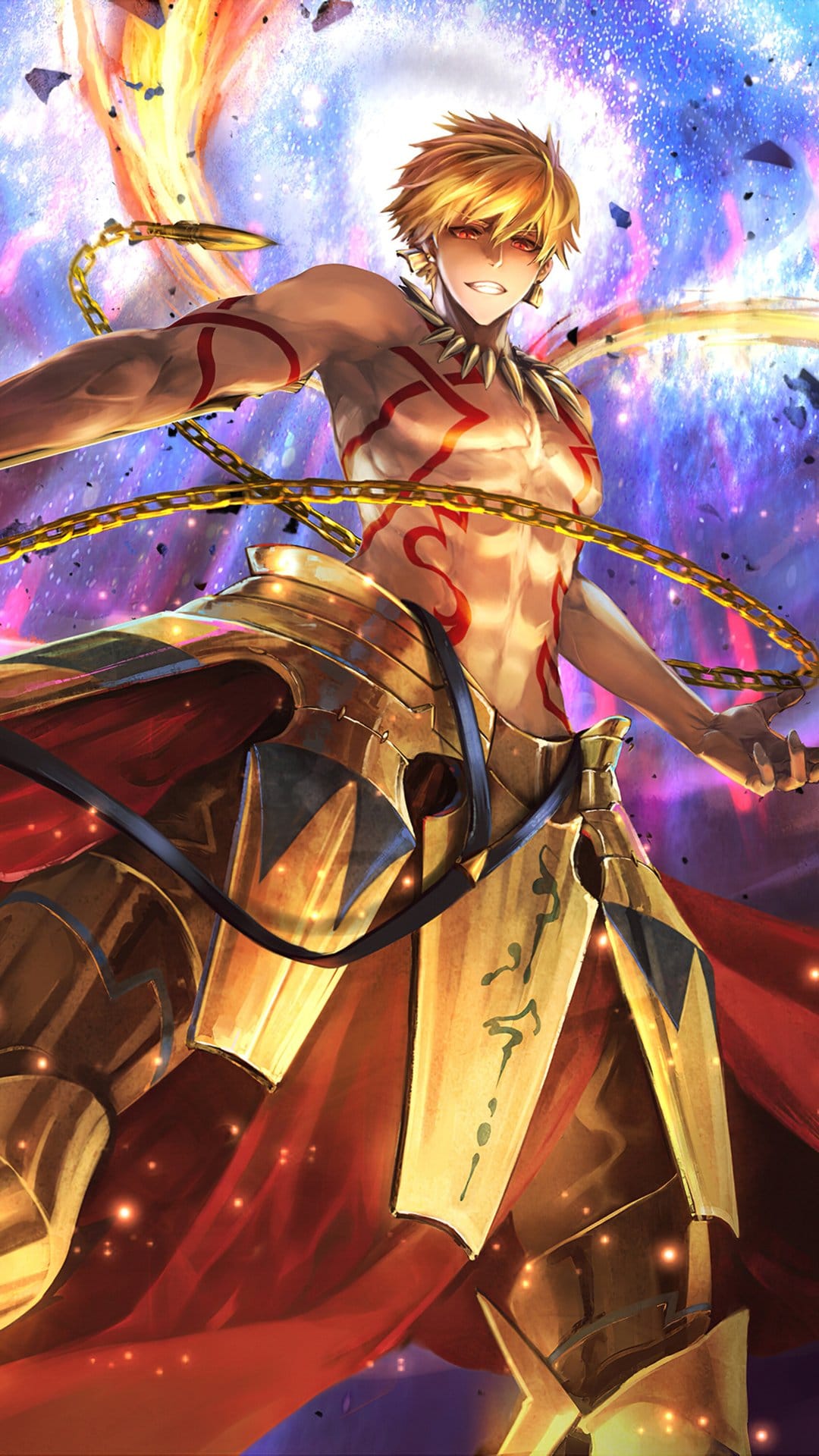 Gilgamesh wearing golden plate armor and red markings stands amid glowing chains against a dark cosmic sky.