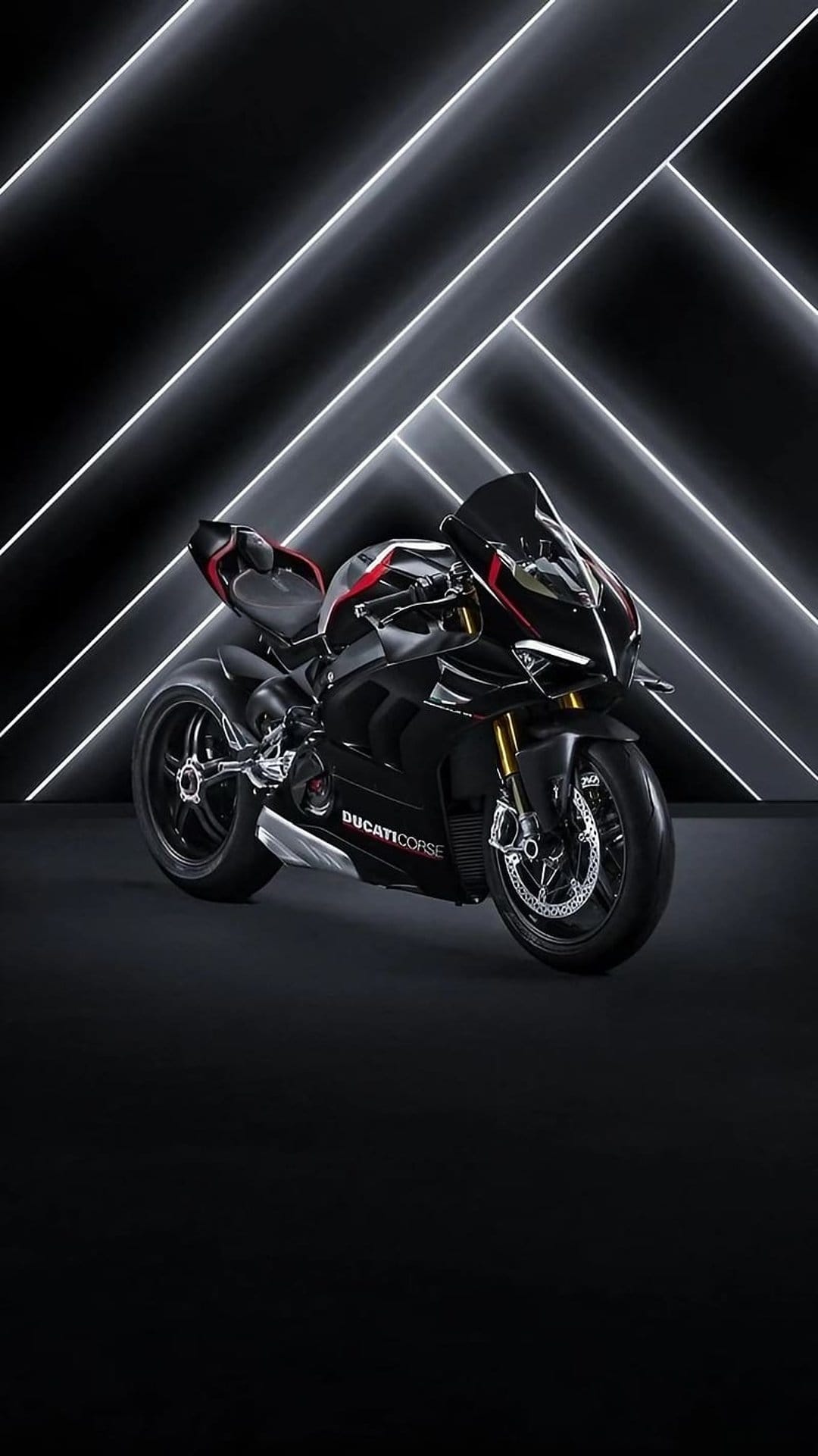 Black Ducati Corse motorcycle positioned in front of glowing white neon geometric lines in a dark studio.