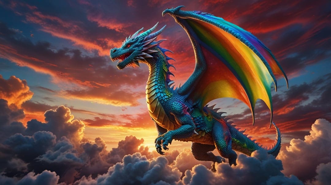 Blue dragon with iridescent rainbow wings glides through a dense layer of orange and pink sunset clouds.