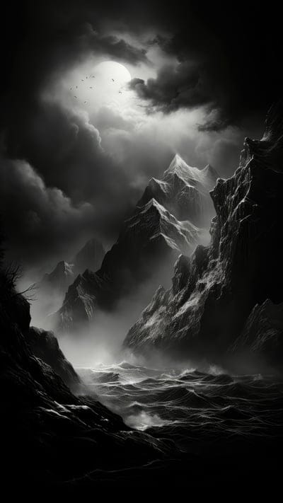 mountains,rocks,waves,black and white,clouds