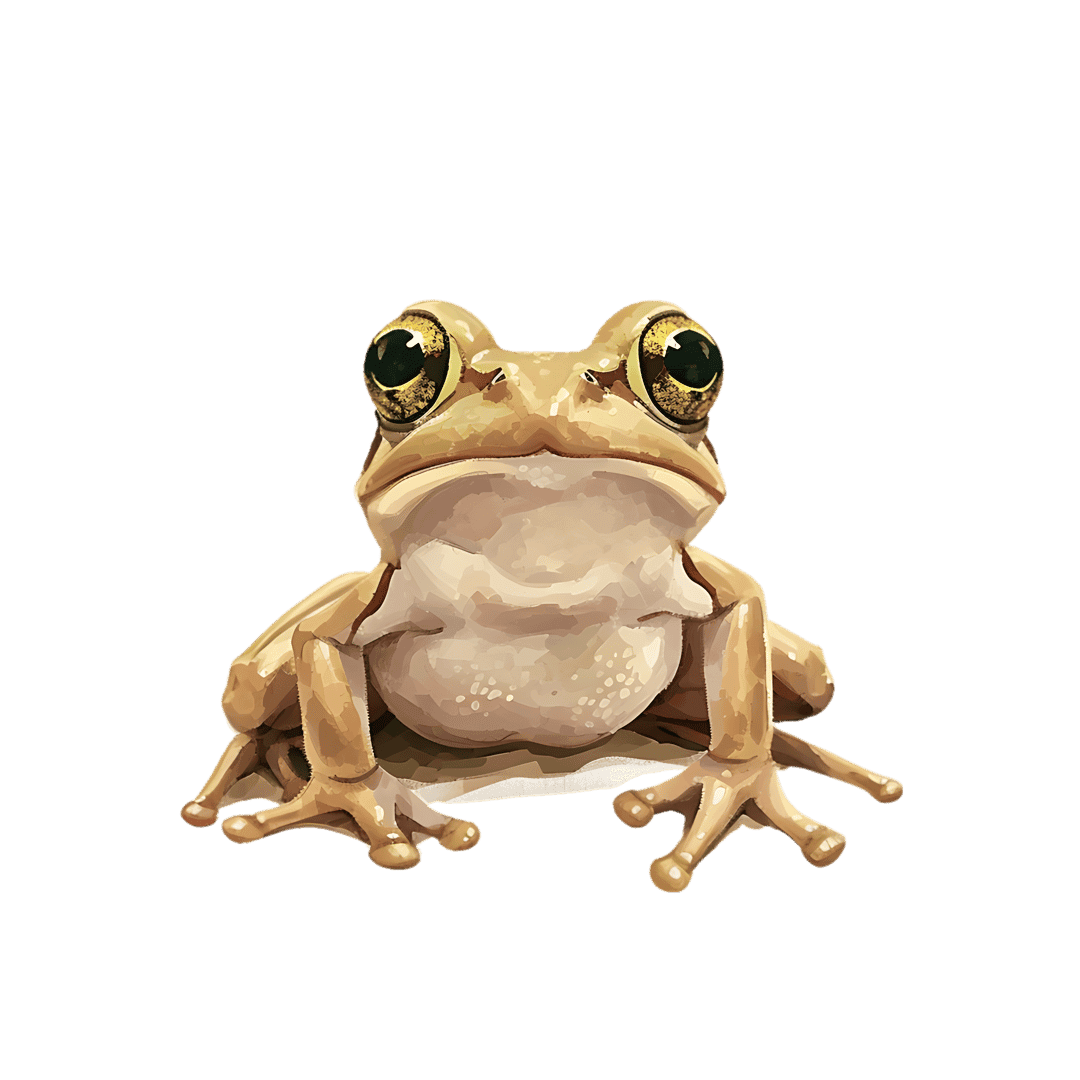 Brown frog illustration featuring large golden eyes and textured skin isolated on a solid black background.