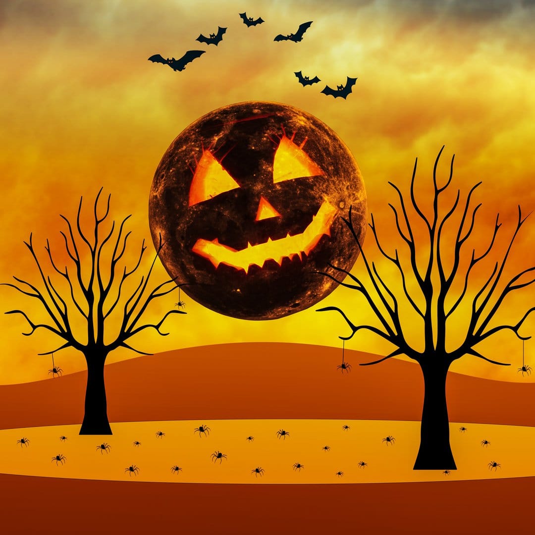 Jack-o'-lantern moon glowing in a fiery sky above silhouetted trees, spiders, and bats during a spooky night.