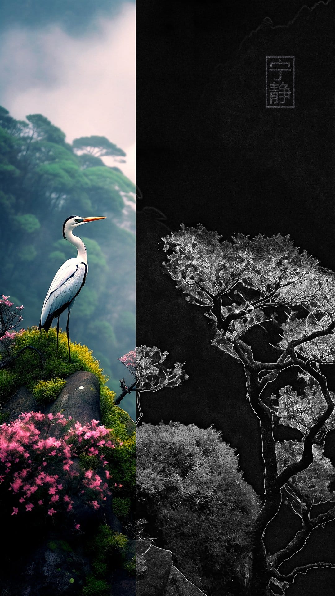 White heron stands near pink blossoms beside a monochromatic ink wash painting of twisted pine trees.