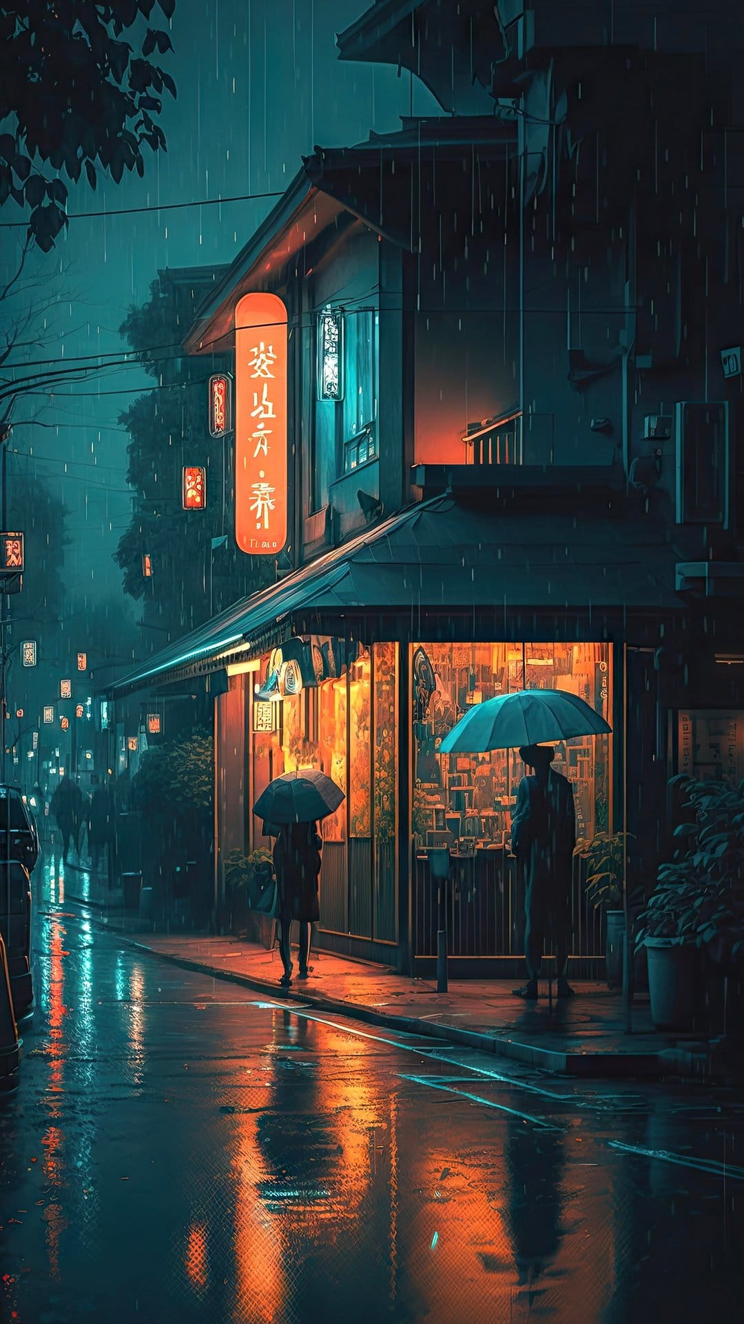 Silhouetted figures carry umbrellas down a narrow Japanese street illuminated by glowing neon signs and rain.