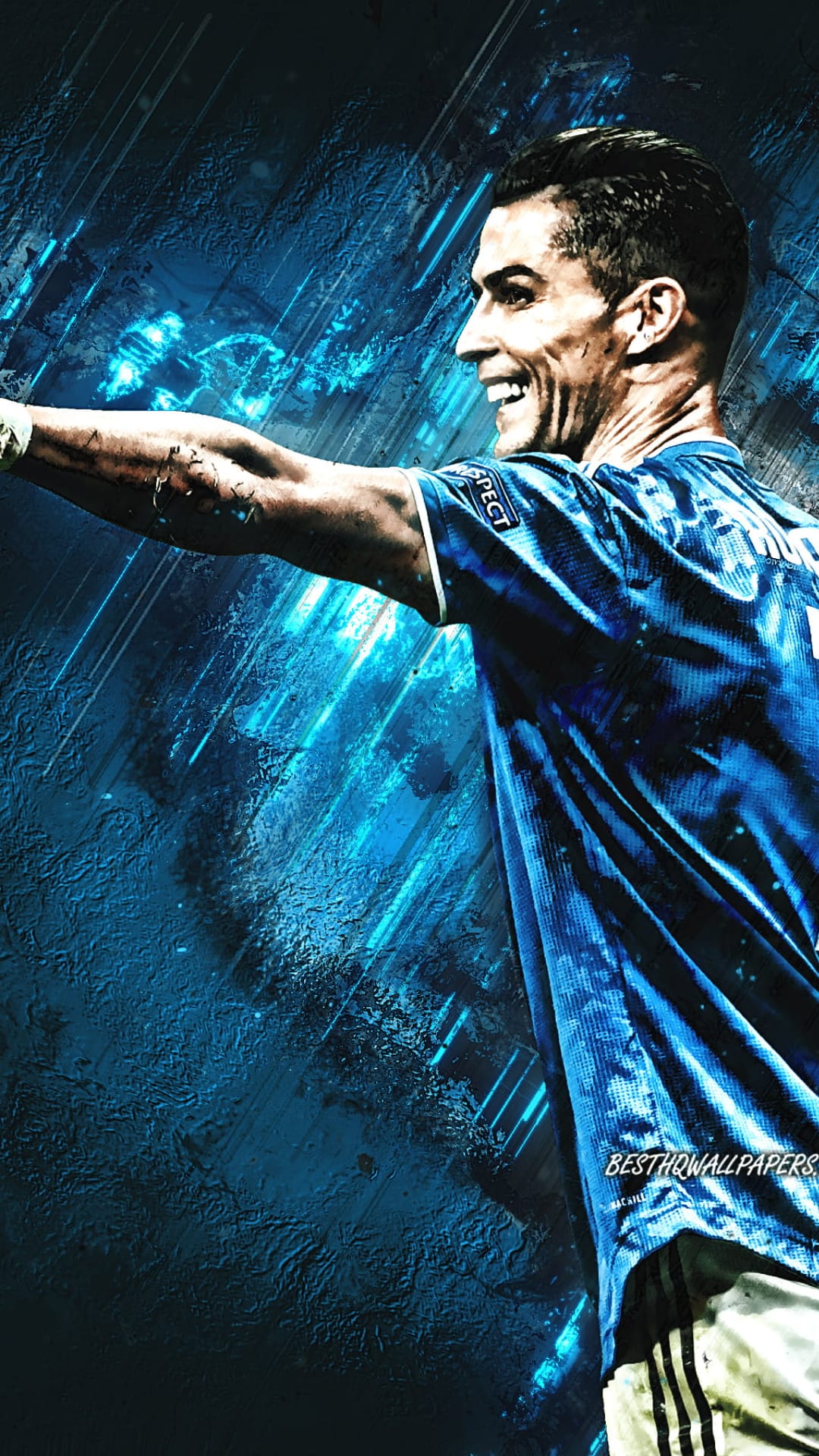Cristiano Ronaldo celebrates in a blue kit against a backdrop of glowing azure light streaks and abstract shapes.