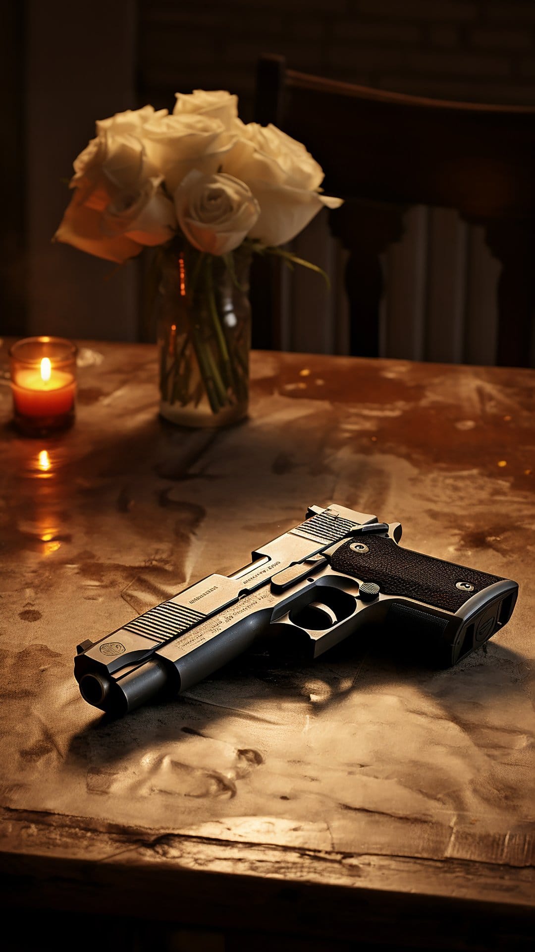 Handgun resting on a wooden table next to a vase of white roses and a lit candle with heavy atmospheric shadows.